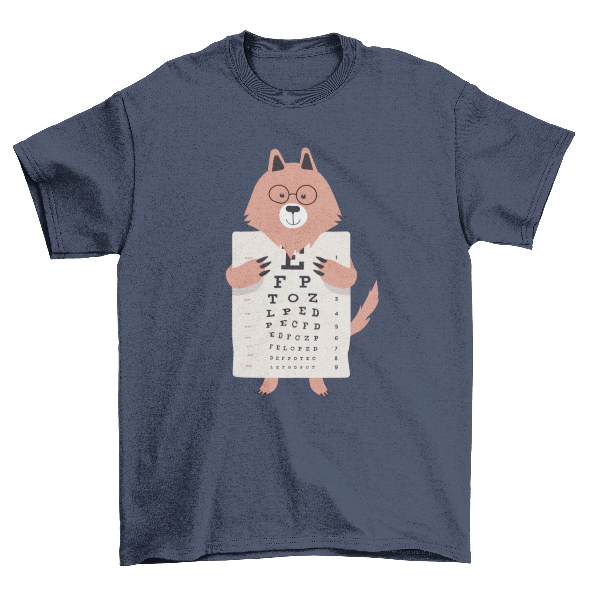 A stylish t-shirt featuring a wolf illustration holding an eye chart, perfect for animal lovers.