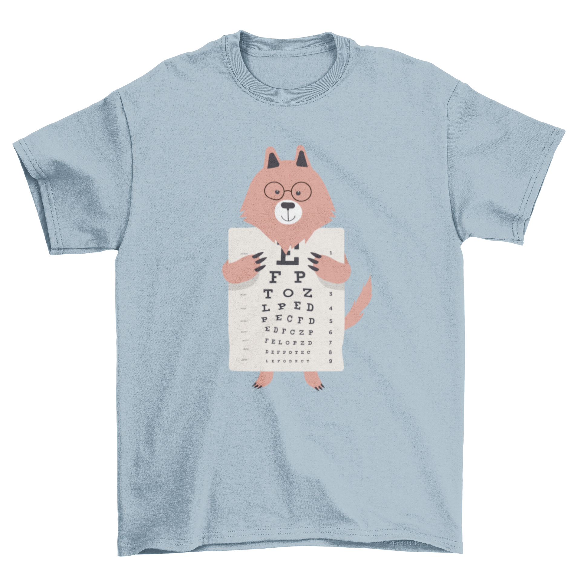 A stylish t-shirt featuring a wolf illustration holding an eye chart, perfect for animal lovers.