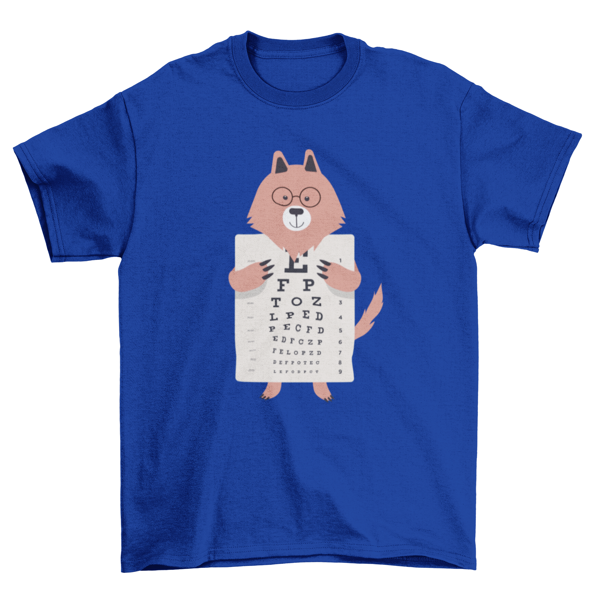 A stylish t-shirt featuring a wolf illustration holding an eye chart, perfect for animal lovers.