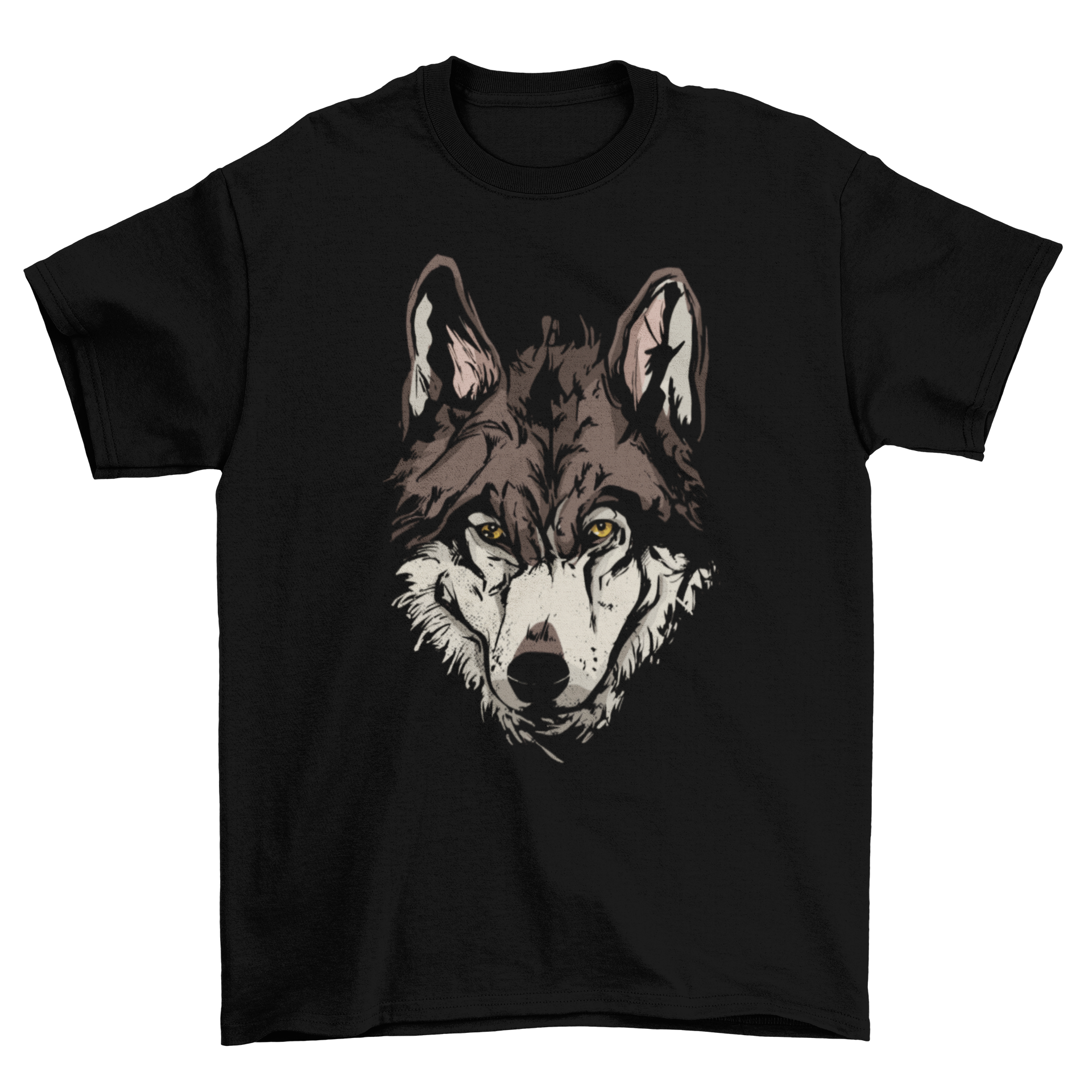 A stylish t-shirt featuring a detailed illustration of a wolf's head, showcasing its fierce and majestic features.