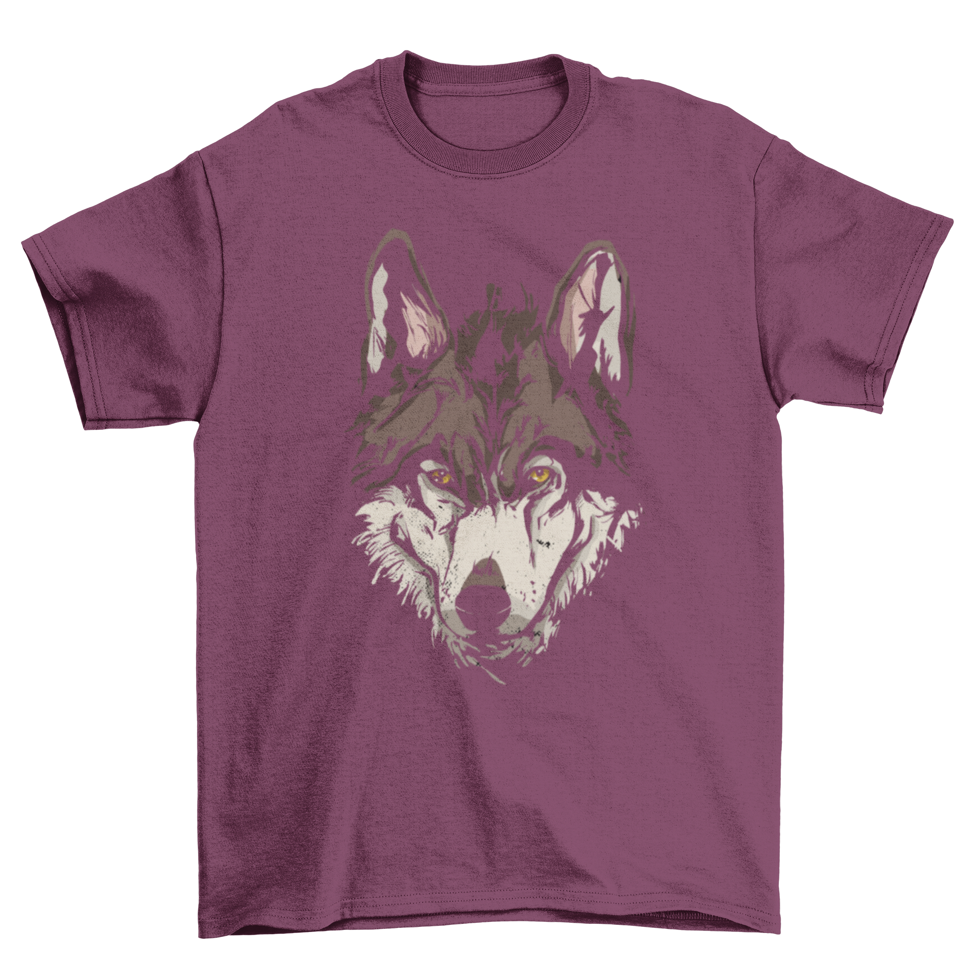 A stylish t-shirt featuring a detailed illustration of a wolf's head, showcasing its fierce and majestic features.