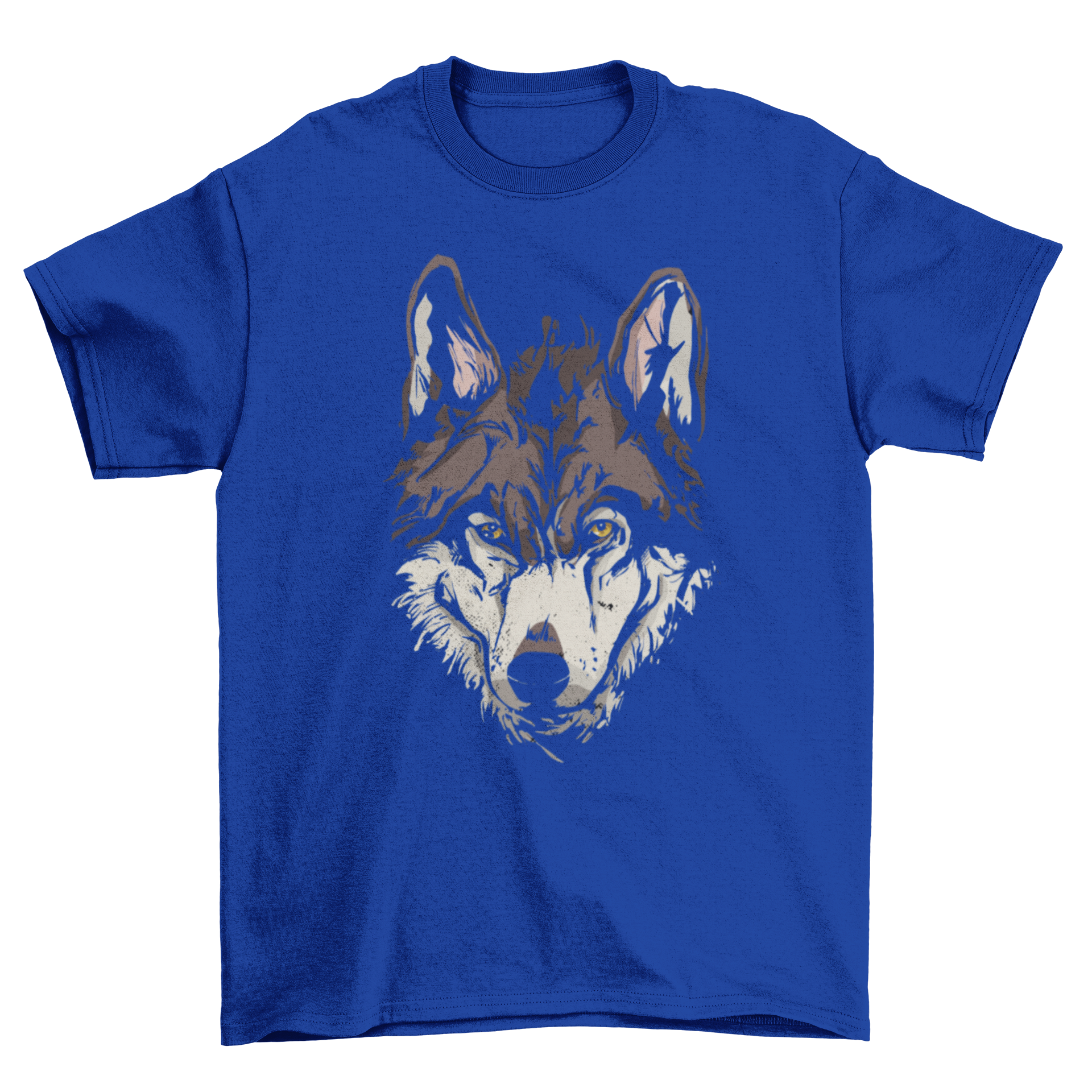 A stylish t-shirt featuring a detailed illustration of a wolf's head, showcasing its fierce and majestic features.