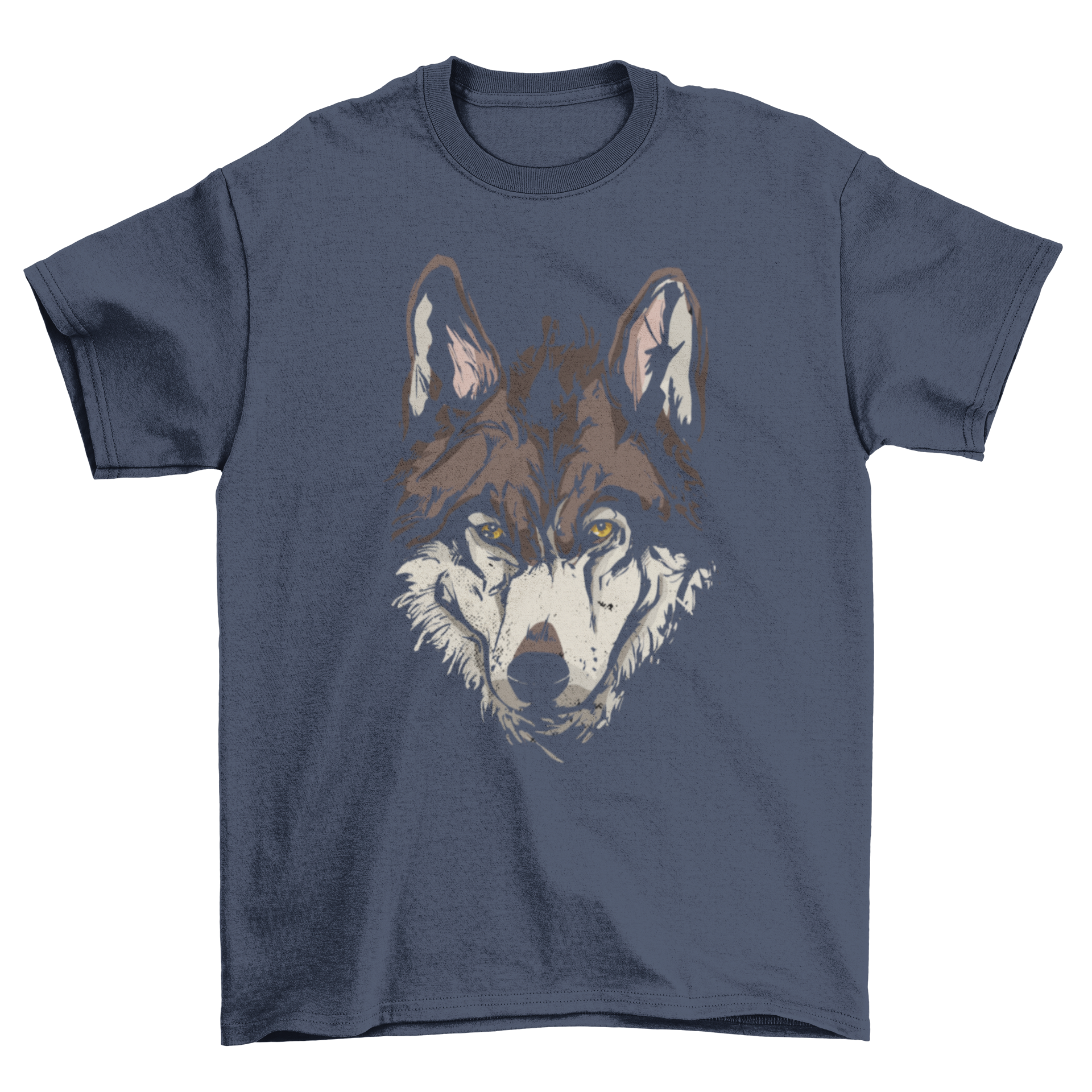 A stylish t-shirt featuring a detailed illustration of a wolf's head, showcasing its fierce and majestic features.