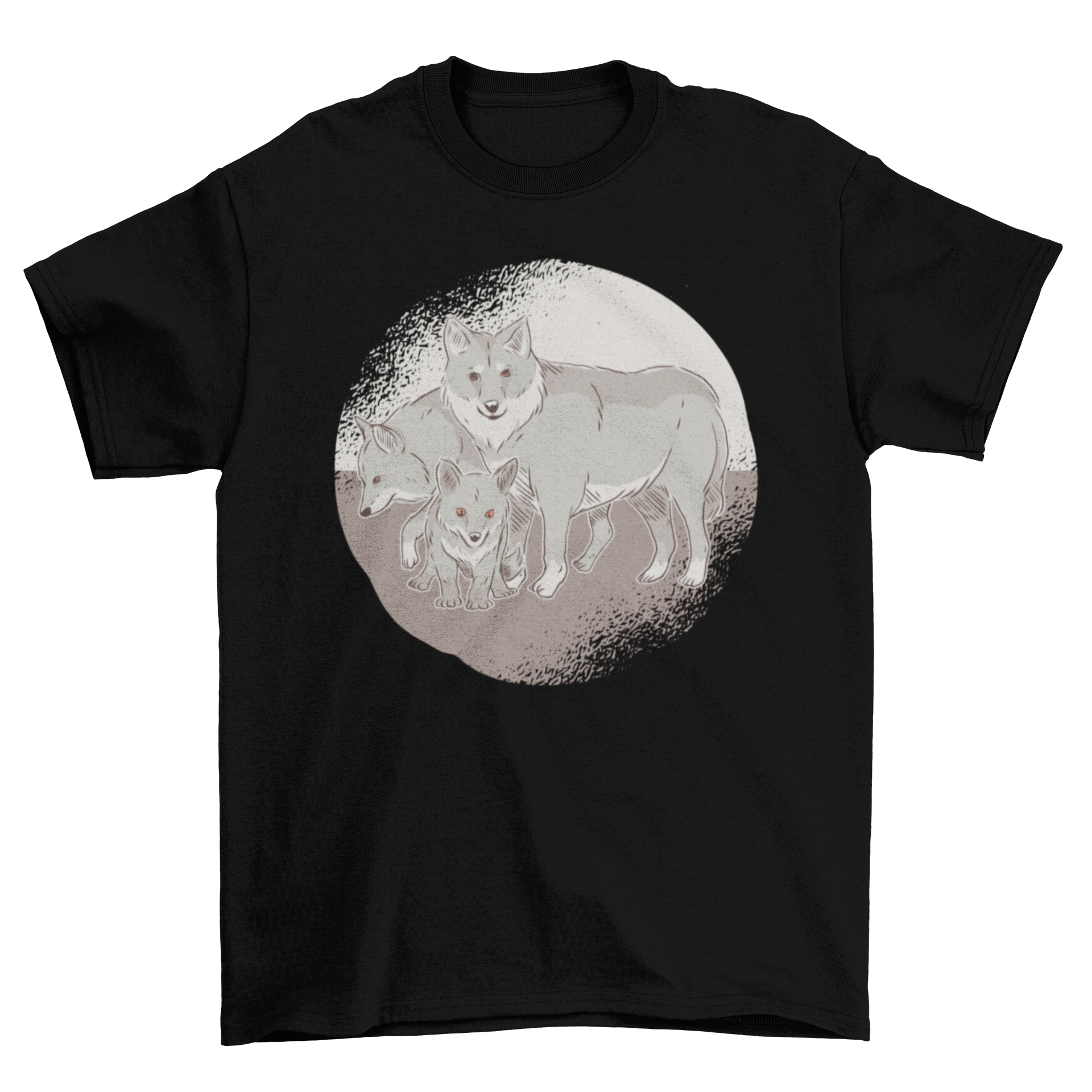 A stylish Wolf Family T-Shirt featuring a pack of wolves, including parents and a baby wolf, perfect for animal lovers.