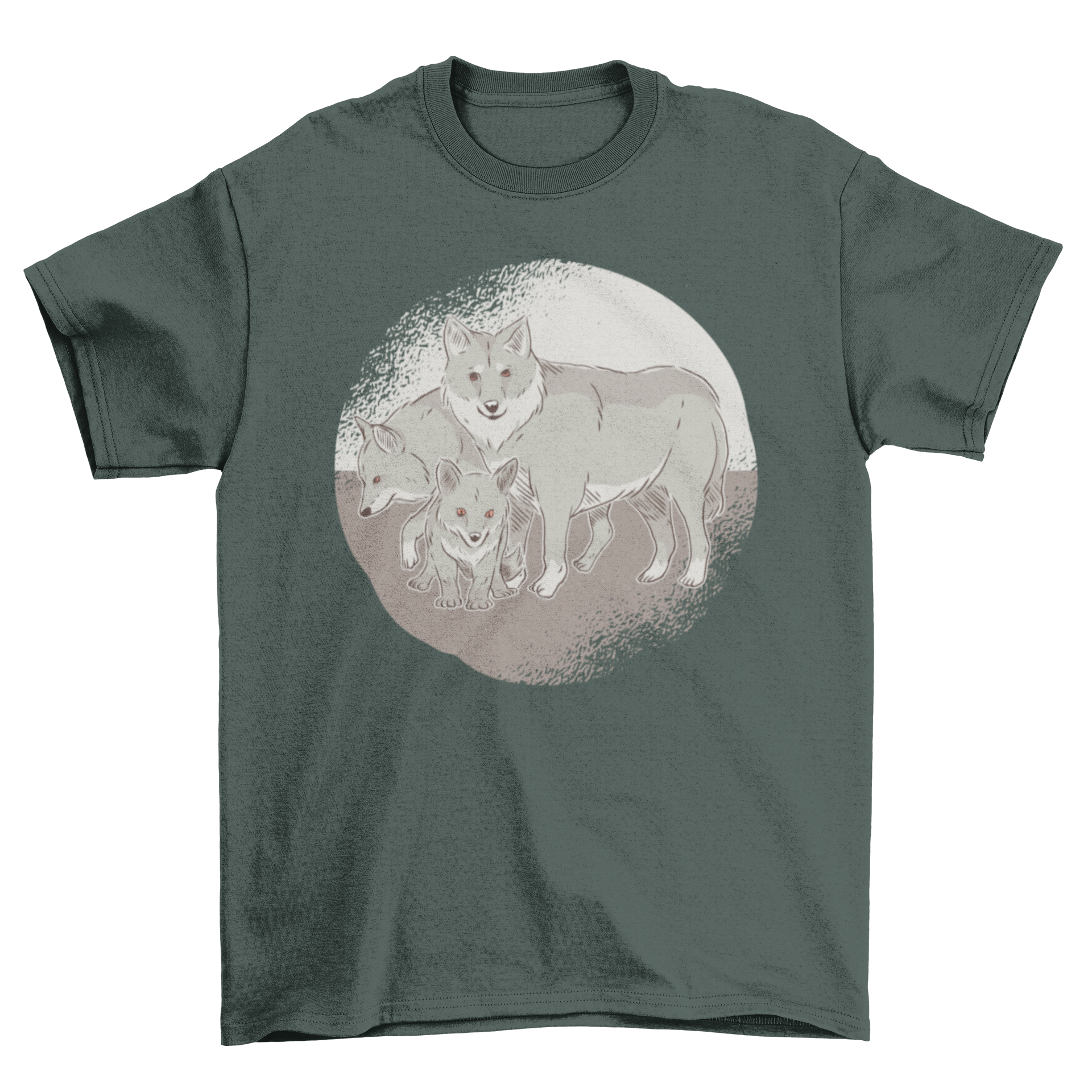 A stylish Wolf Family T-Shirt featuring a pack of wolves, including parents and a baby wolf, perfect for animal lovers.