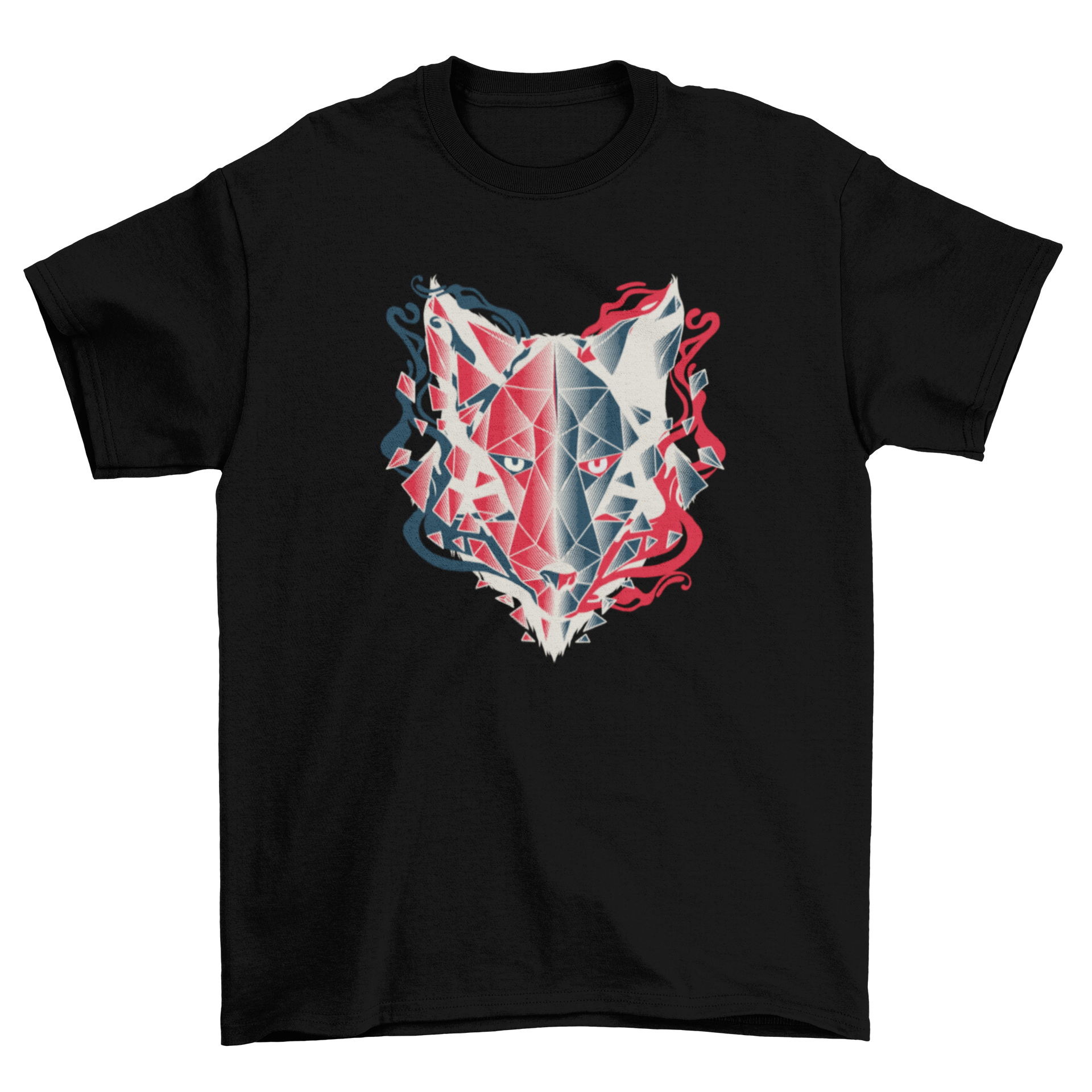 A stylish t-shirt featuring a polygonal wolf head design in red and black colors, showcasing modern art aesthetics.