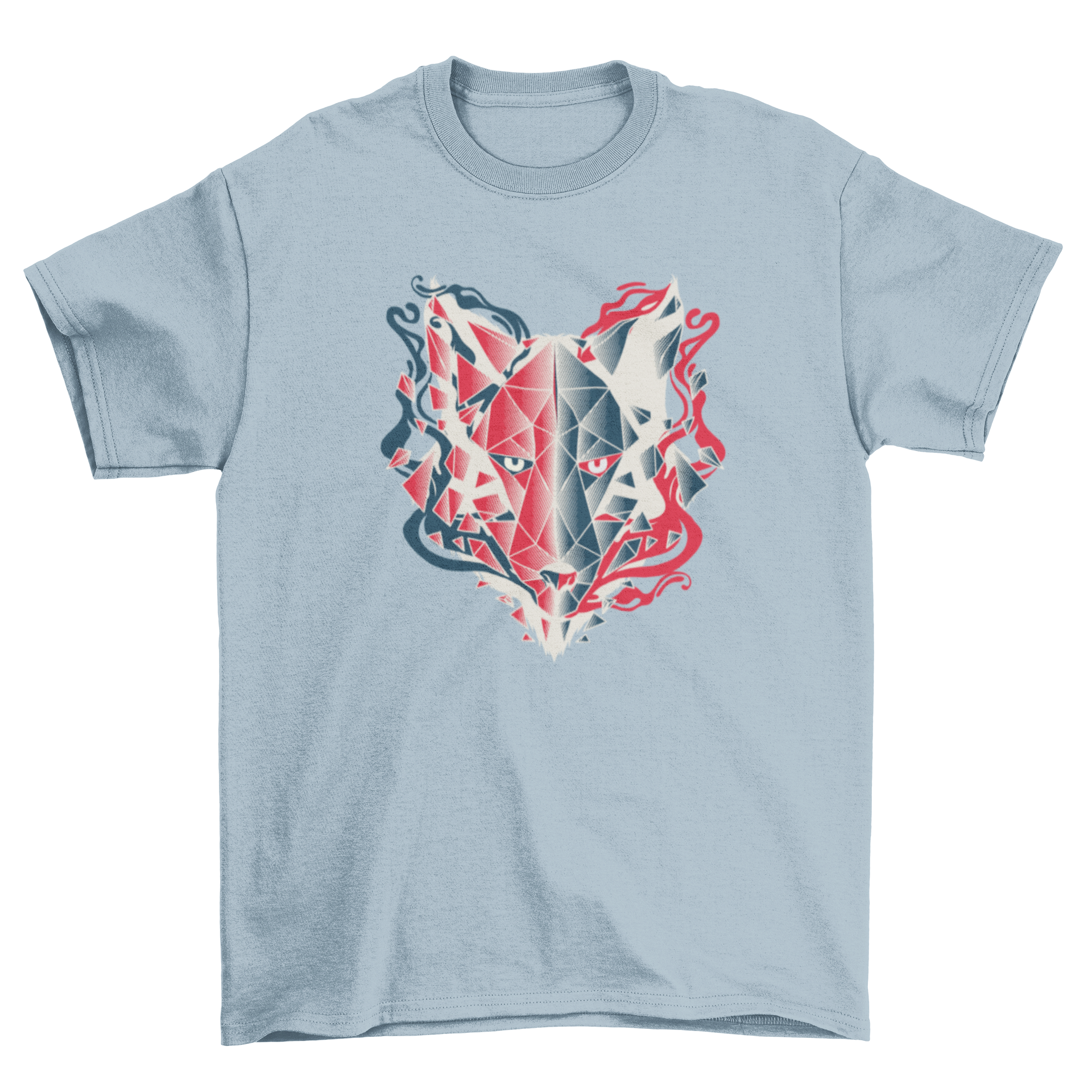 A stylish t-shirt featuring a polygonal wolf head design in red and black colors, showcasing modern art aesthetics.