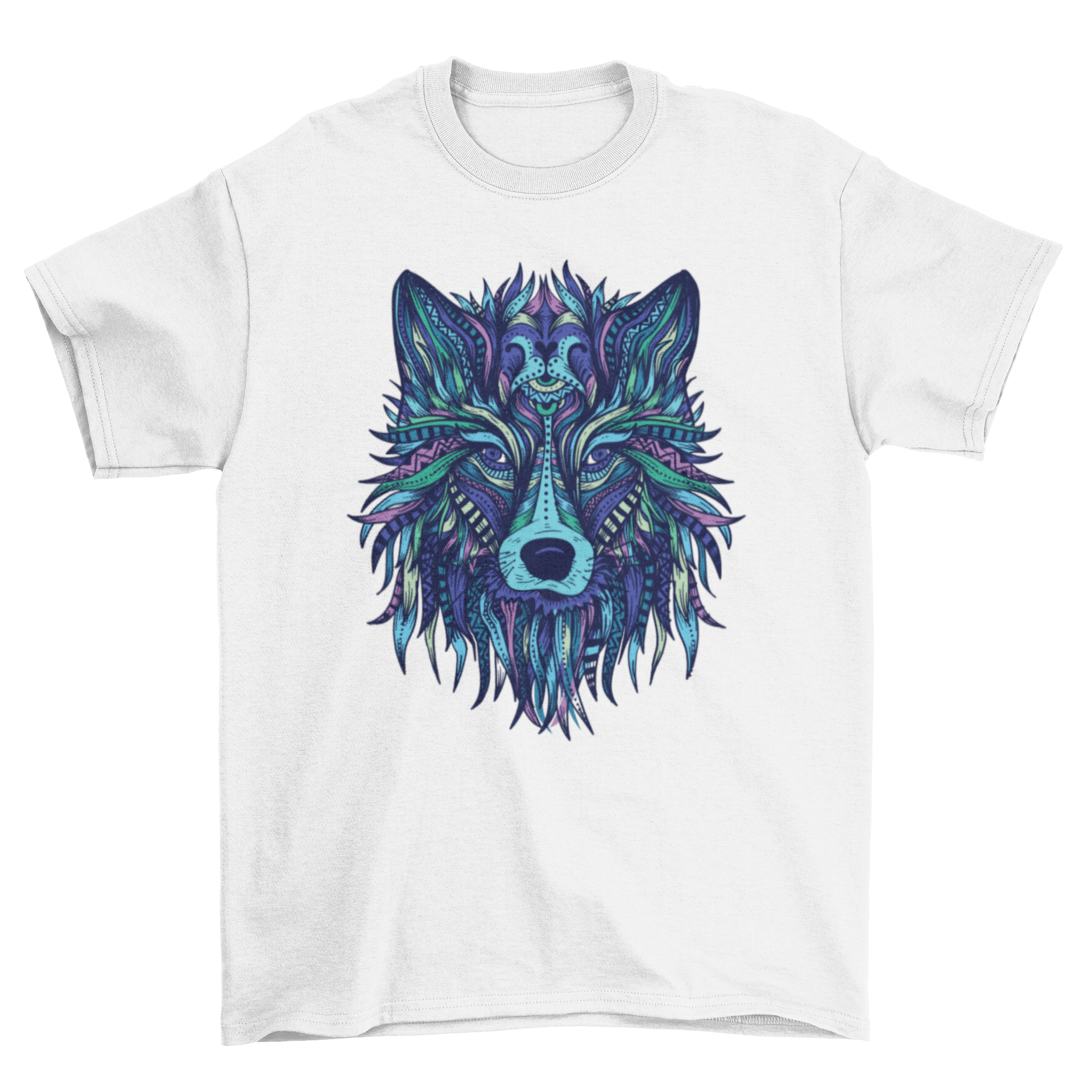 A stylish t-shirt featuring an illustrated wolf design made from mandalas and tribal patterns in blue and green tones.