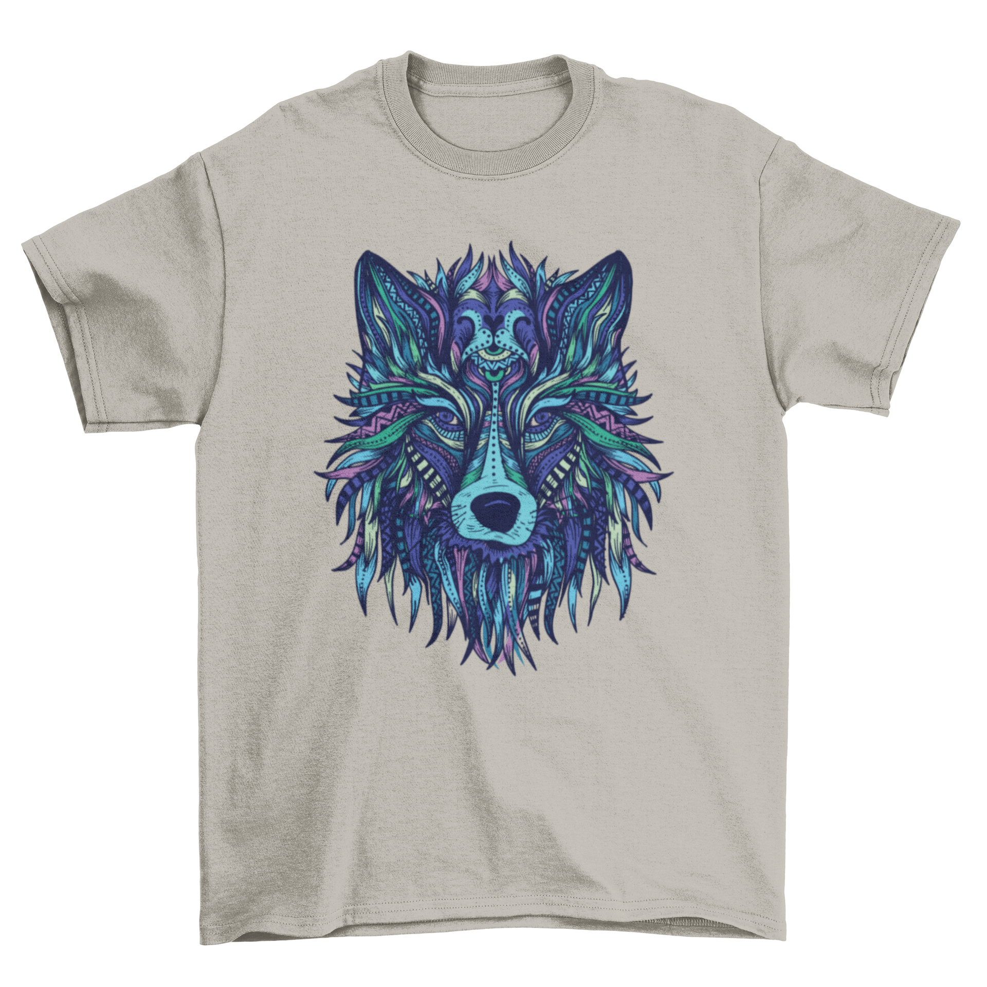 A stylish t-shirt featuring an illustrated wolf design made from mandalas and tribal patterns in blue and green tones.