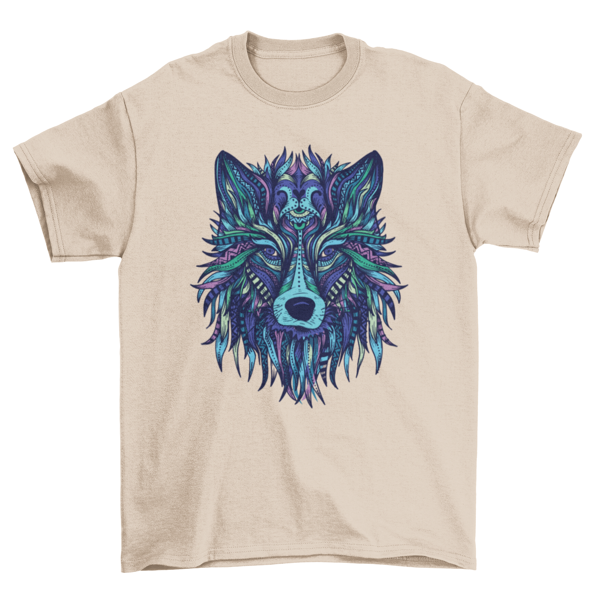 A stylish t-shirt featuring an illustrated wolf design made from mandalas and tribal patterns in blue and green tones.