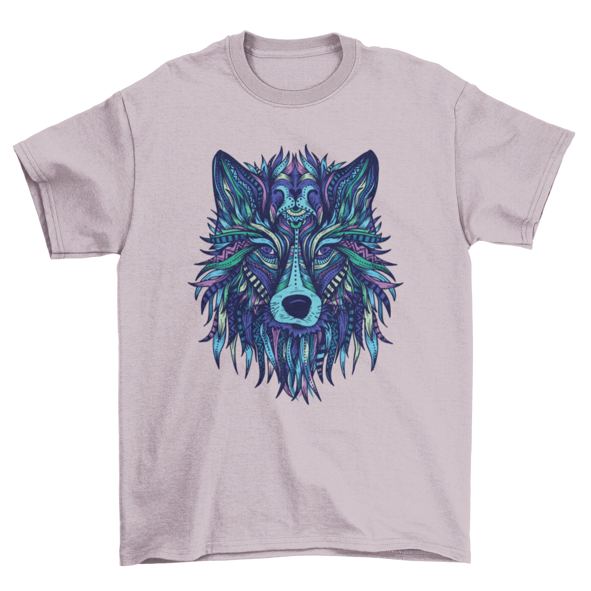 A stylish t-shirt featuring an illustrated wolf design made from mandalas and tribal patterns in blue and green tones.