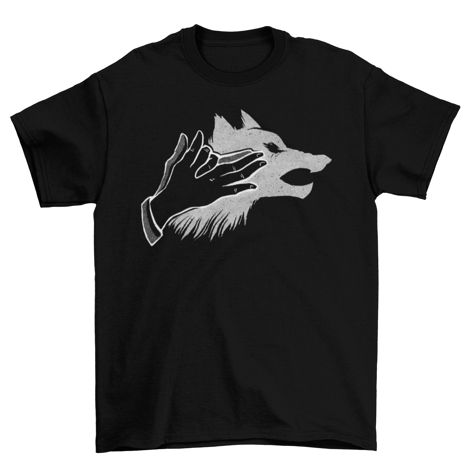 Wolf Shadow T-Shirt featuring two hands creating a wolf-shaped shadow design, showcasing artistic creativity.