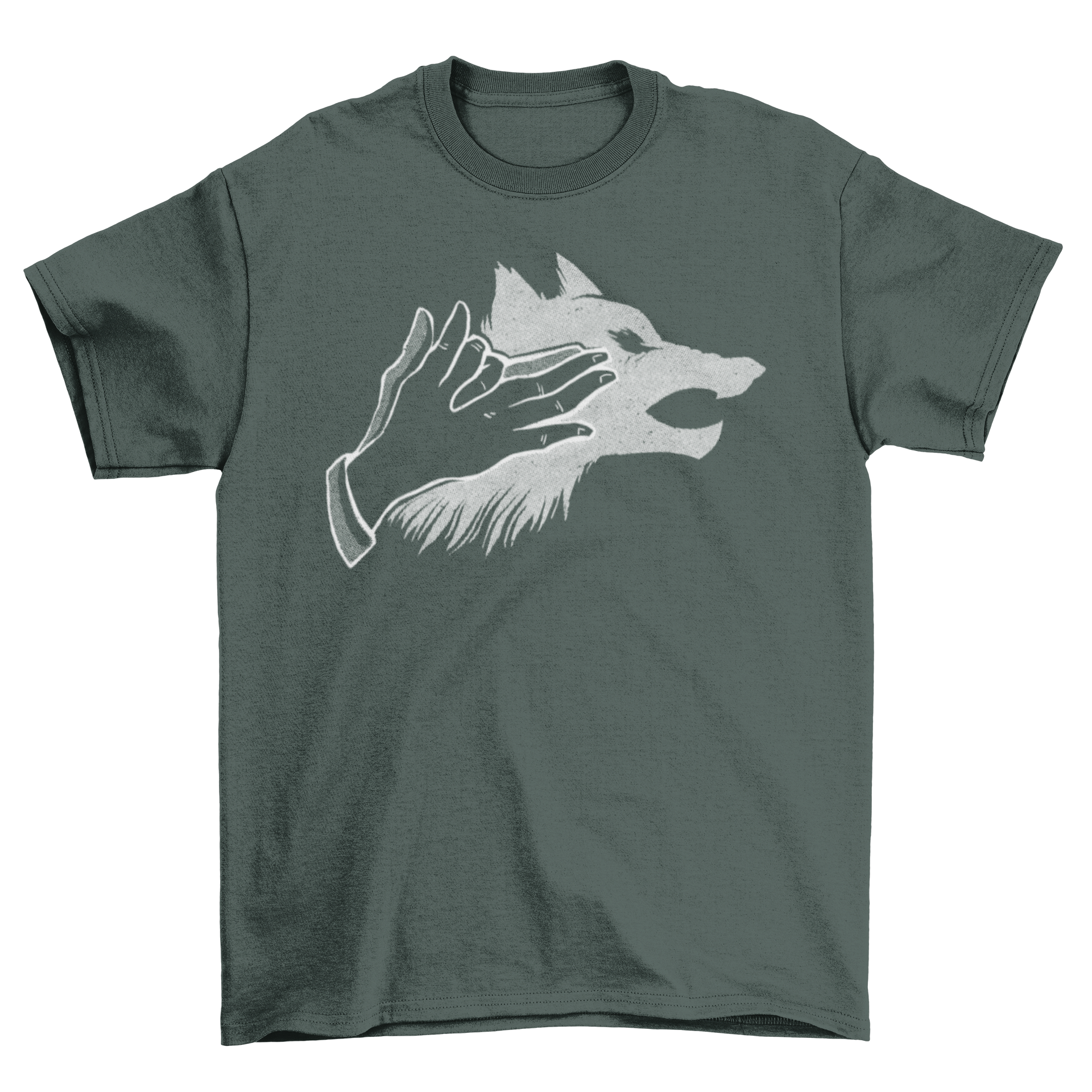 Wolf Shadow T-Shirt featuring two hands creating a wolf-shaped shadow design, showcasing artistic creativity.