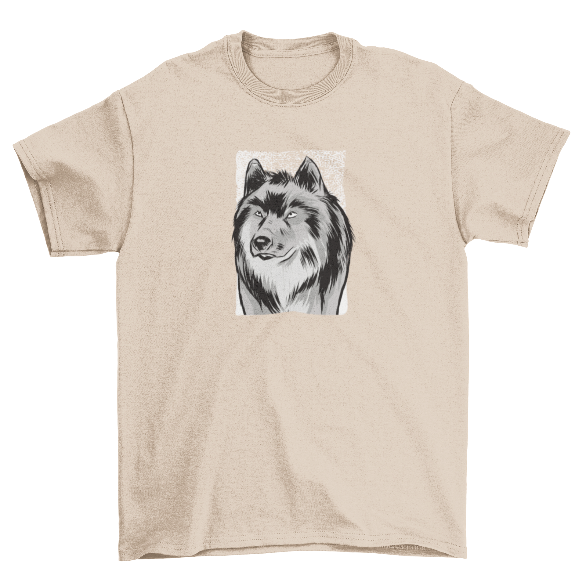 A stylish t-shirt featuring a detailed sketch illustration of a wolf, showcasing its majestic features.