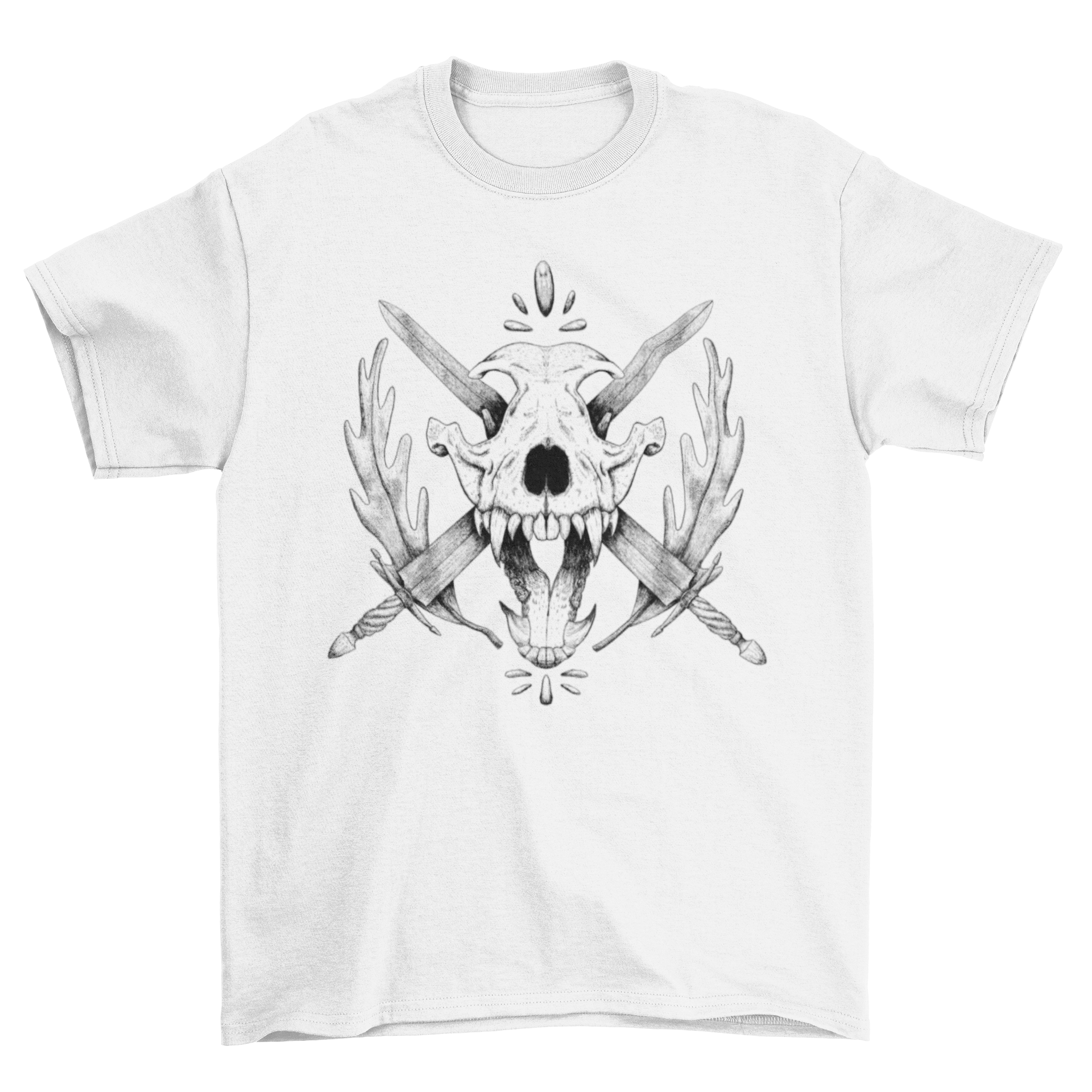 A stylish t-shirt featuring a wolf skull design with crossed swords, perfect for bold fashion enthusiasts.