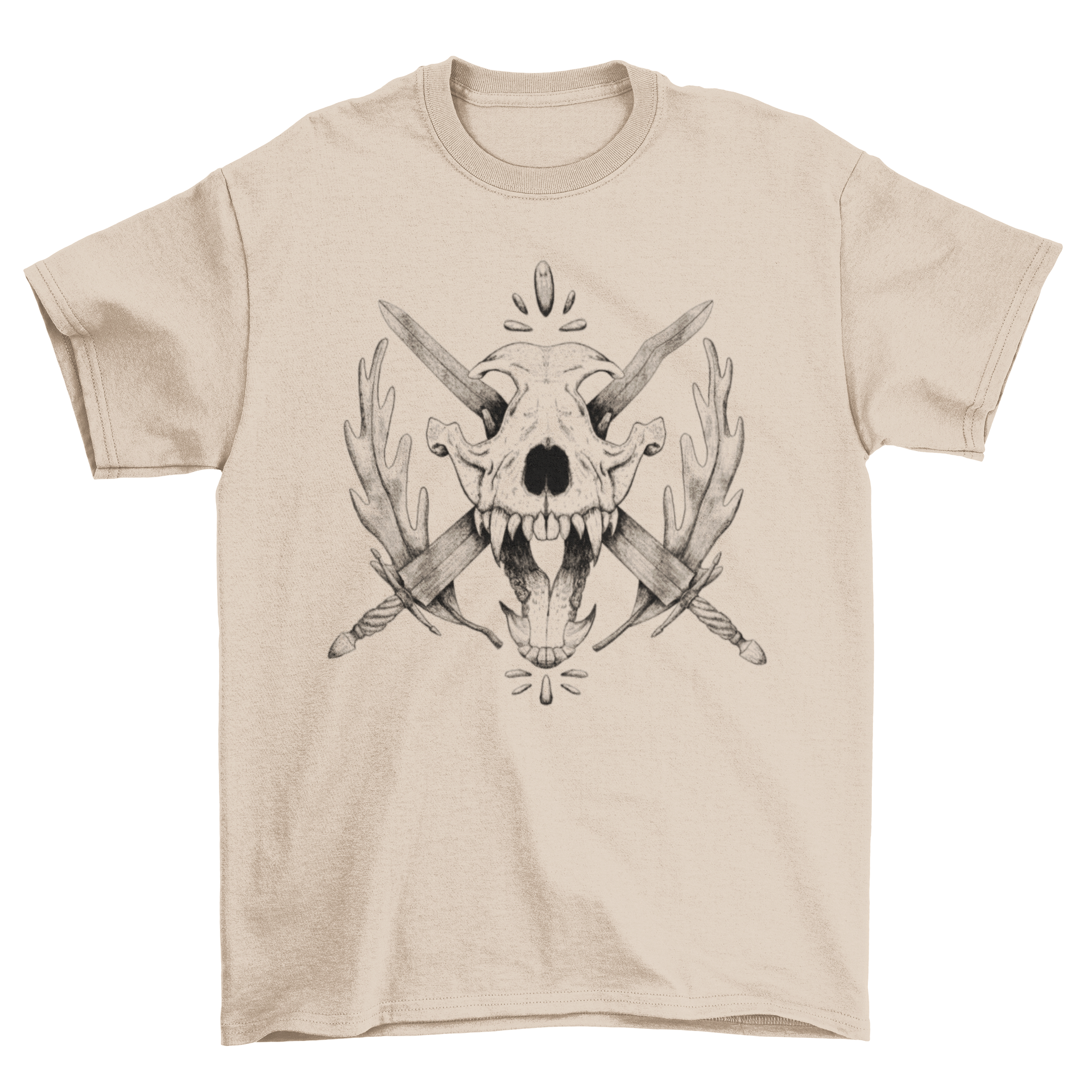 A stylish t-shirt featuring a wolf skull design with crossed swords, perfect for bold fashion enthusiasts.