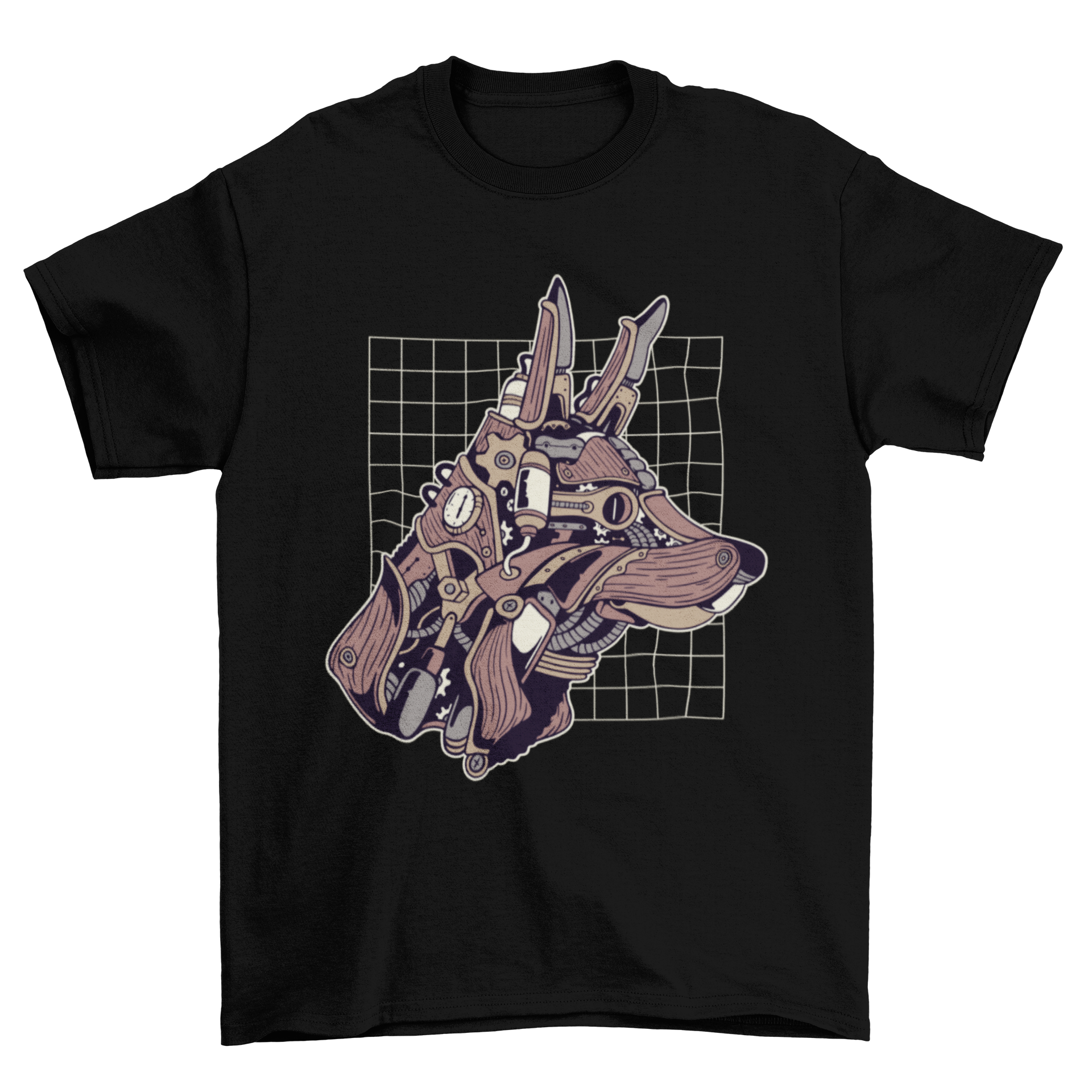 A stylish Wolf Steampunk T-shirt featuring an intricate illustration of a wolf with steampunk elements like gears and goggles.