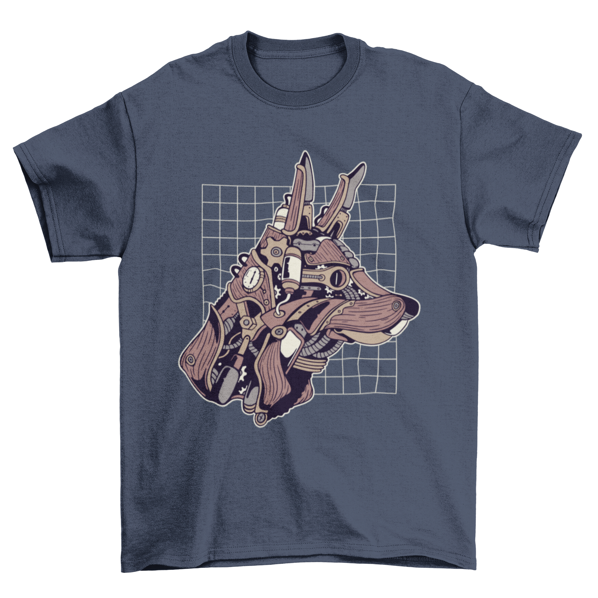 A stylish Wolf Steampunk T-shirt featuring an intricate illustration of a wolf with steampunk elements like gears and goggles.