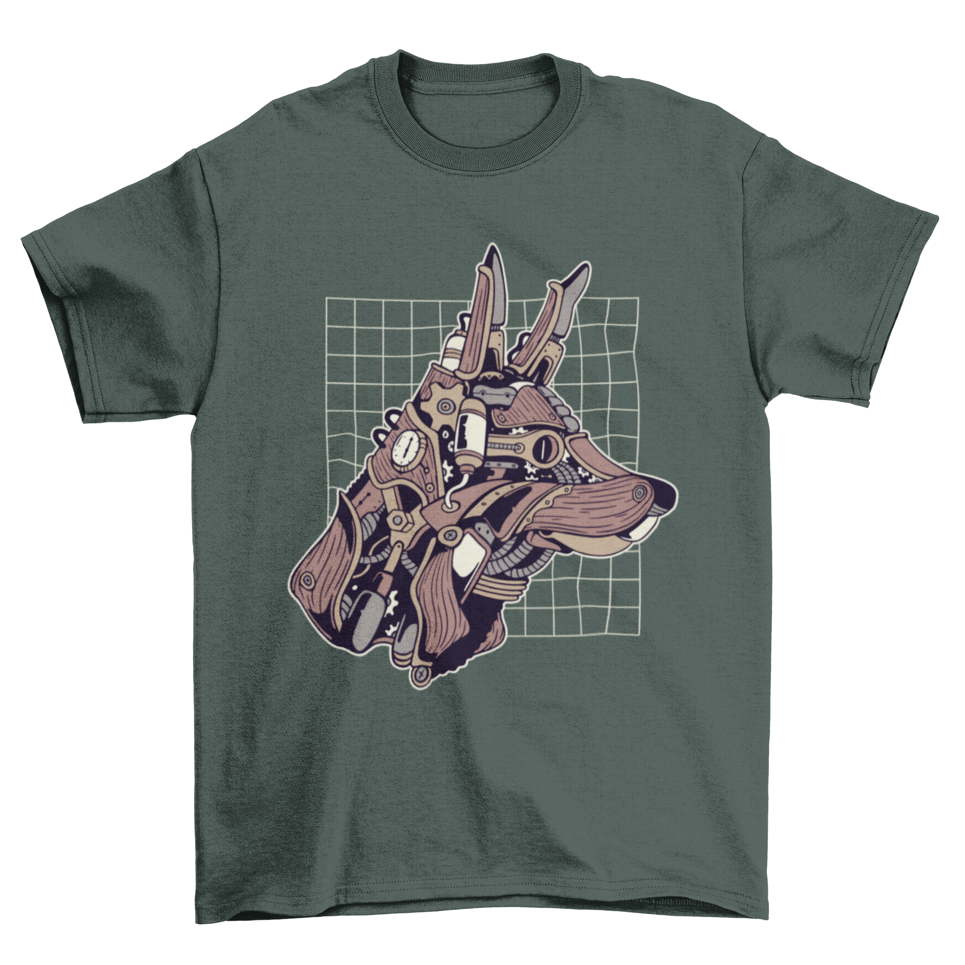 A stylish Wolf Steampunk T-shirt featuring an intricate illustration of a wolf with steampunk elements like gears and goggles.