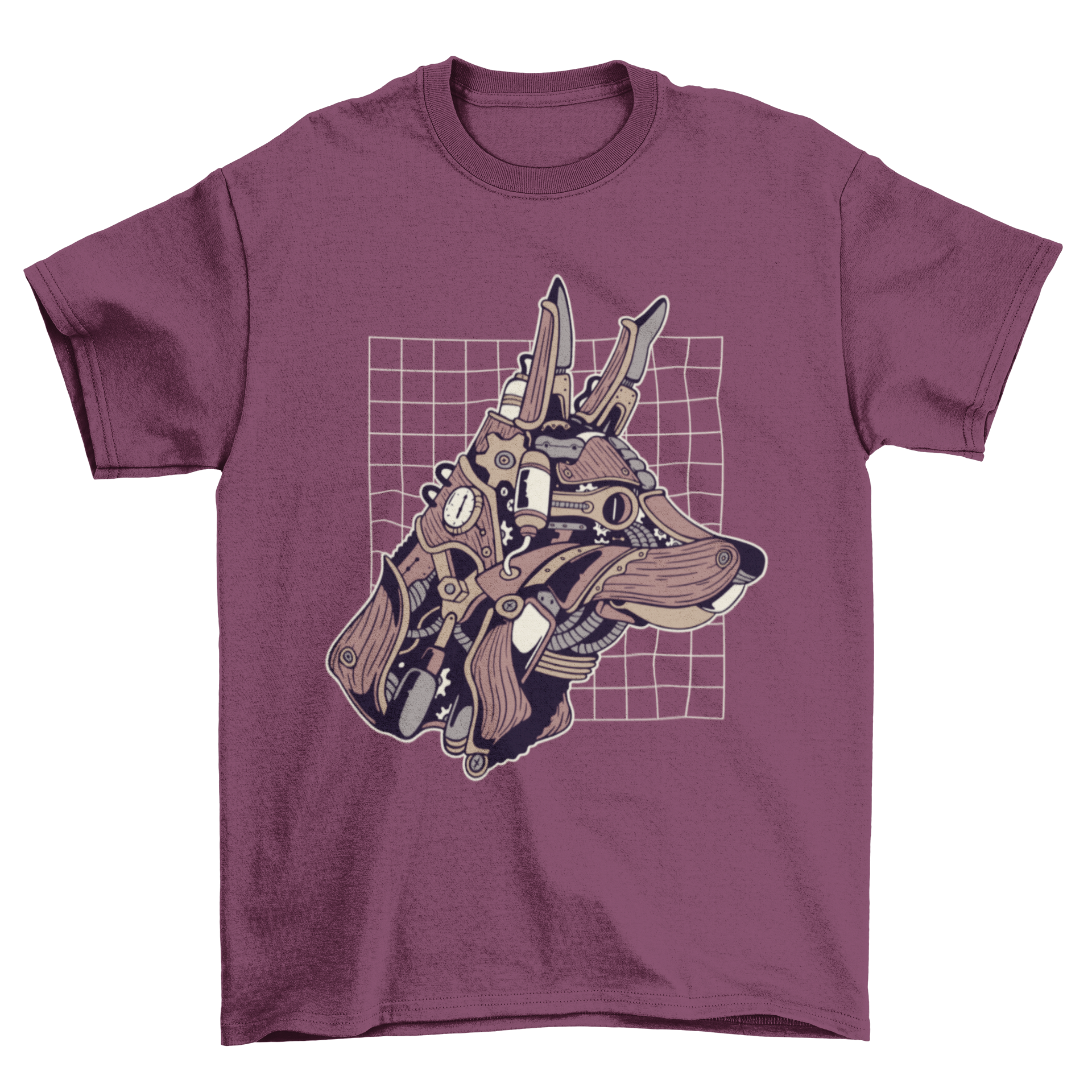 A stylish Wolf Steampunk T-shirt featuring an intricate illustration of a wolf with steampunk elements like gears and goggles.