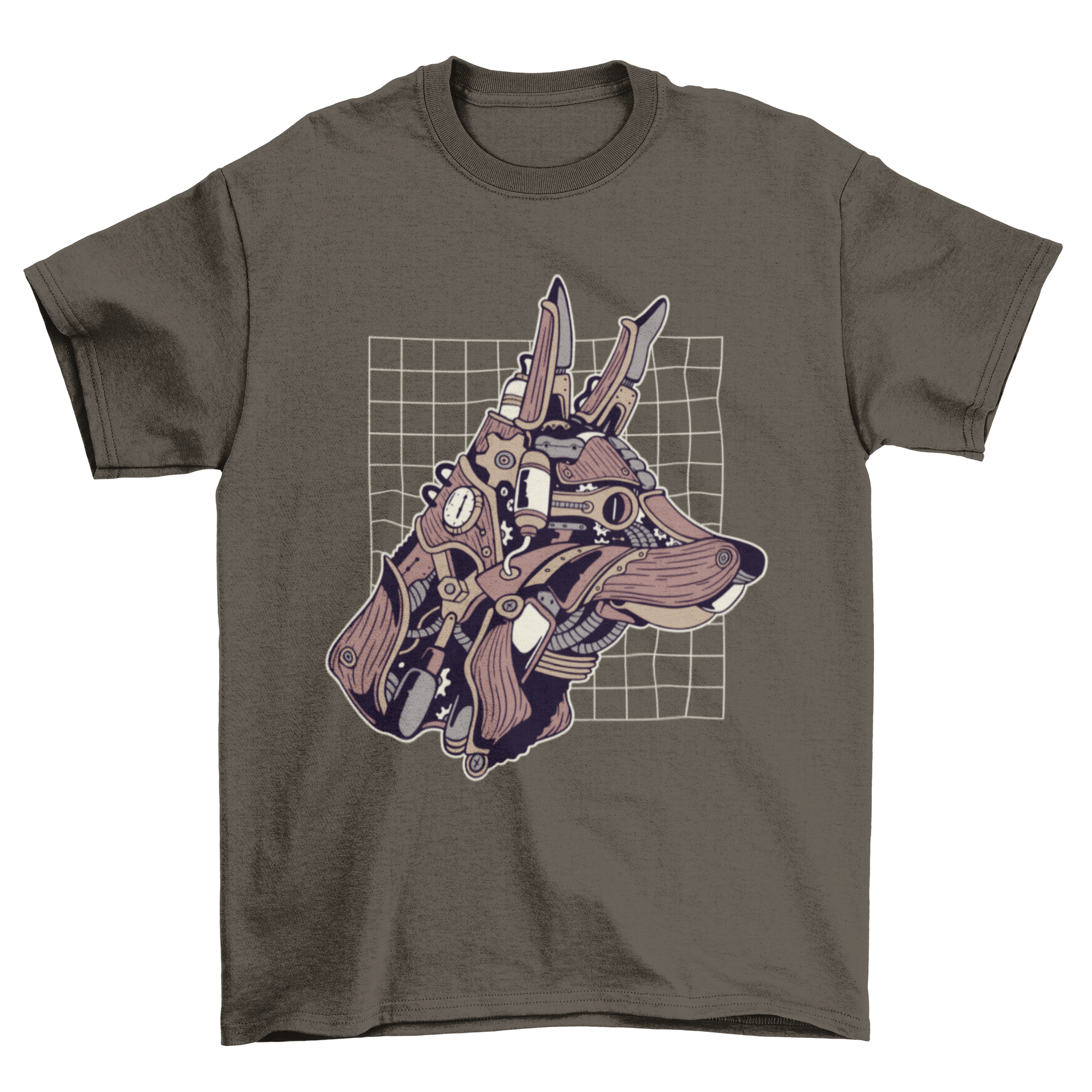 A stylish Wolf Steampunk T-shirt featuring an intricate illustration of a wolf with steampunk elements like gears and goggles.