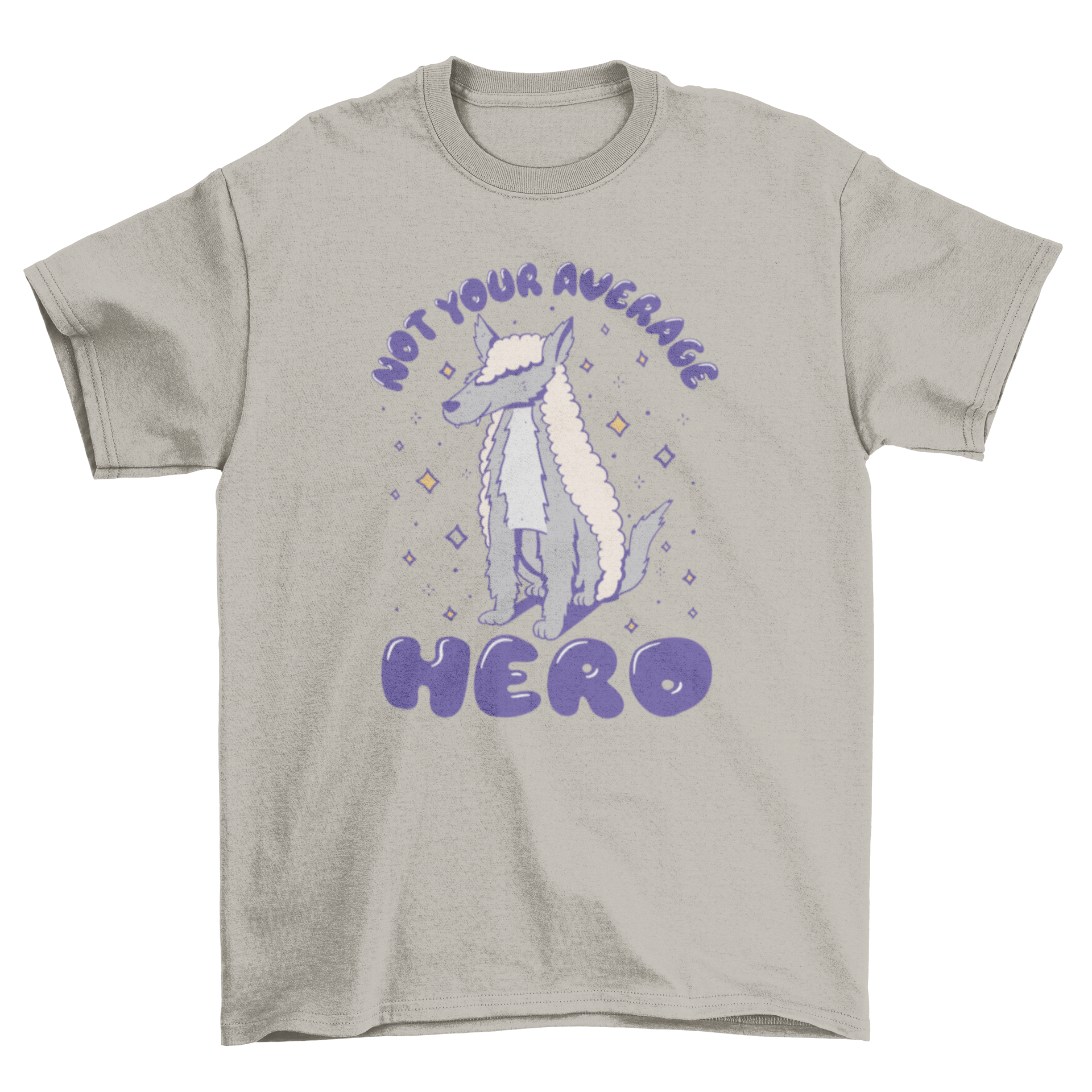 A humorous t-shirt featuring a wolf graphic and the quote 'Not your average hero', perfect for animal lovers.