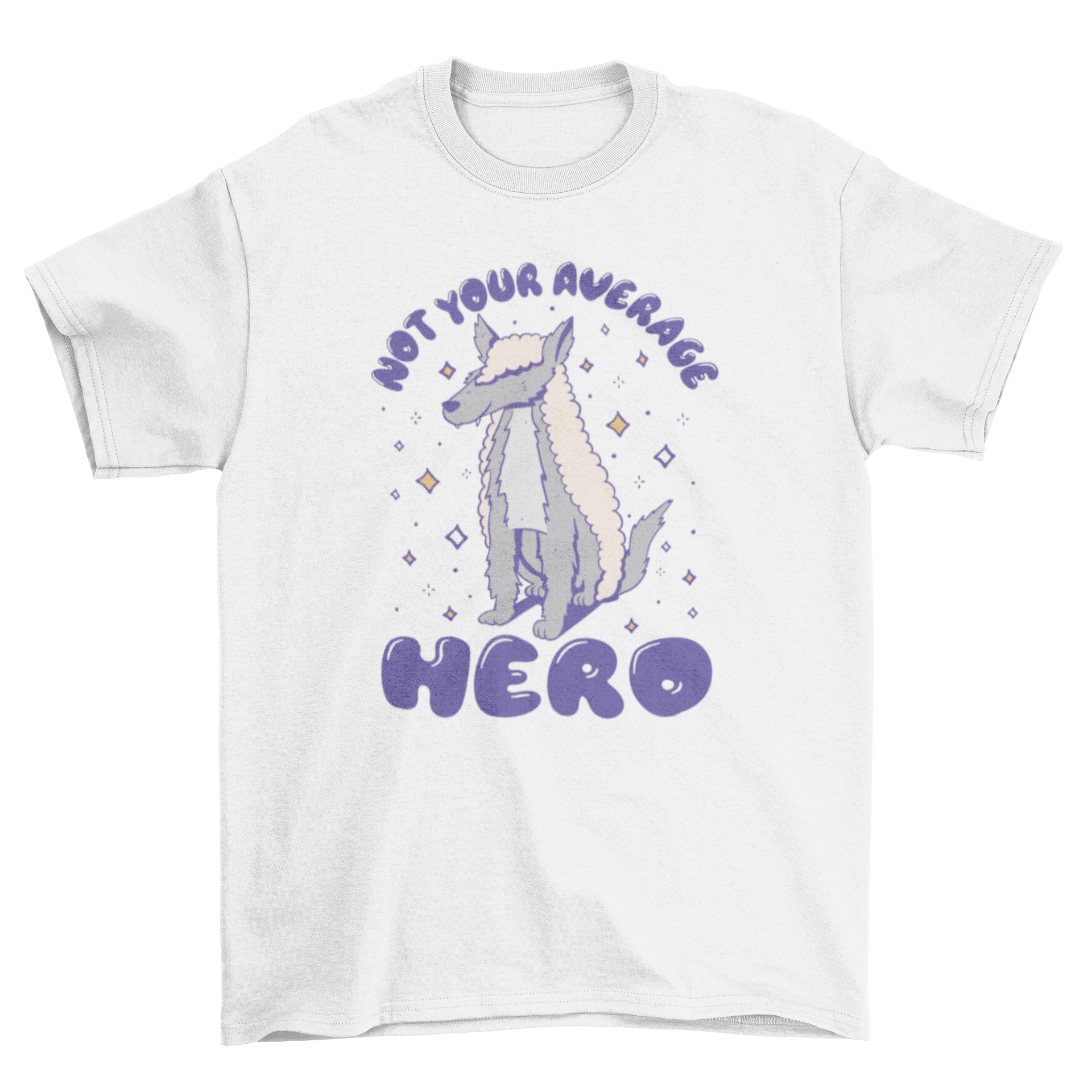 A humorous t-shirt featuring a wolf graphic and the quote 'Not your average hero', perfect for animal lovers.