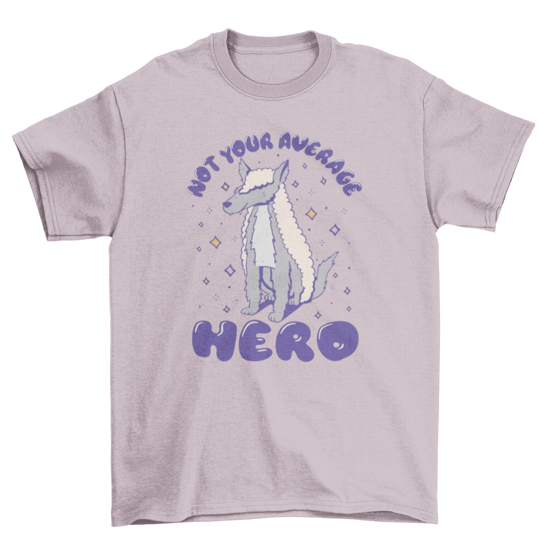 A humorous t-shirt featuring a wolf graphic and the quote 'Not your average hero', perfect for animal lovers.