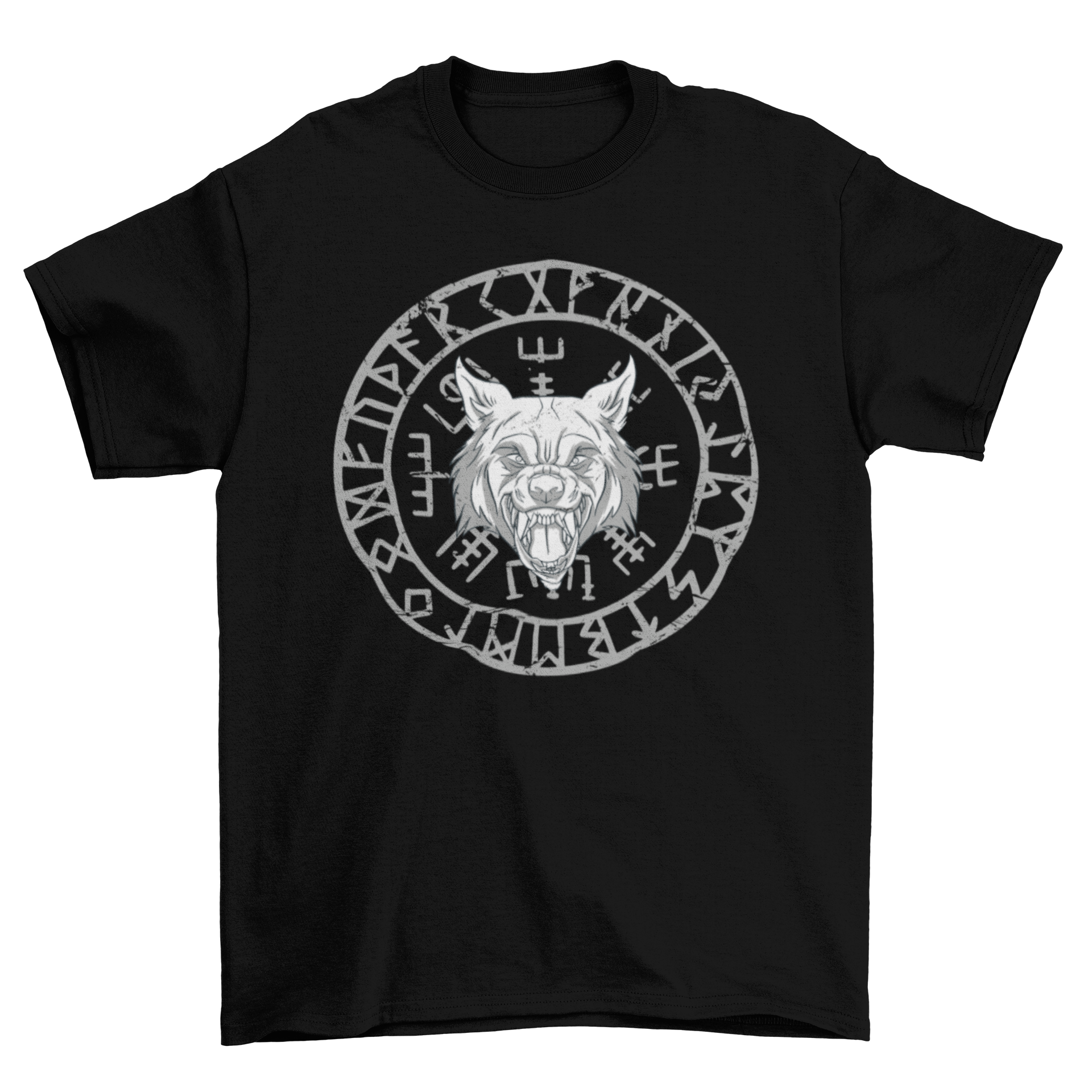 Wolfs Head Nordic Runes Circle T-Shirt featuring an angry wolf design over a rune circle.