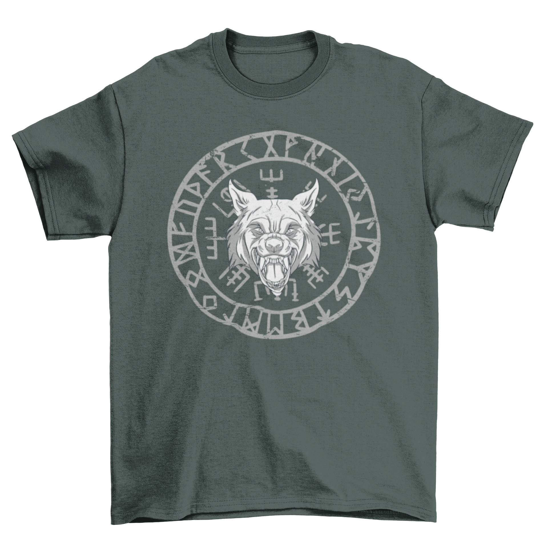 Wolfs Head Nordic Runes Circle T-Shirt featuring an angry wolf design over a rune circle.