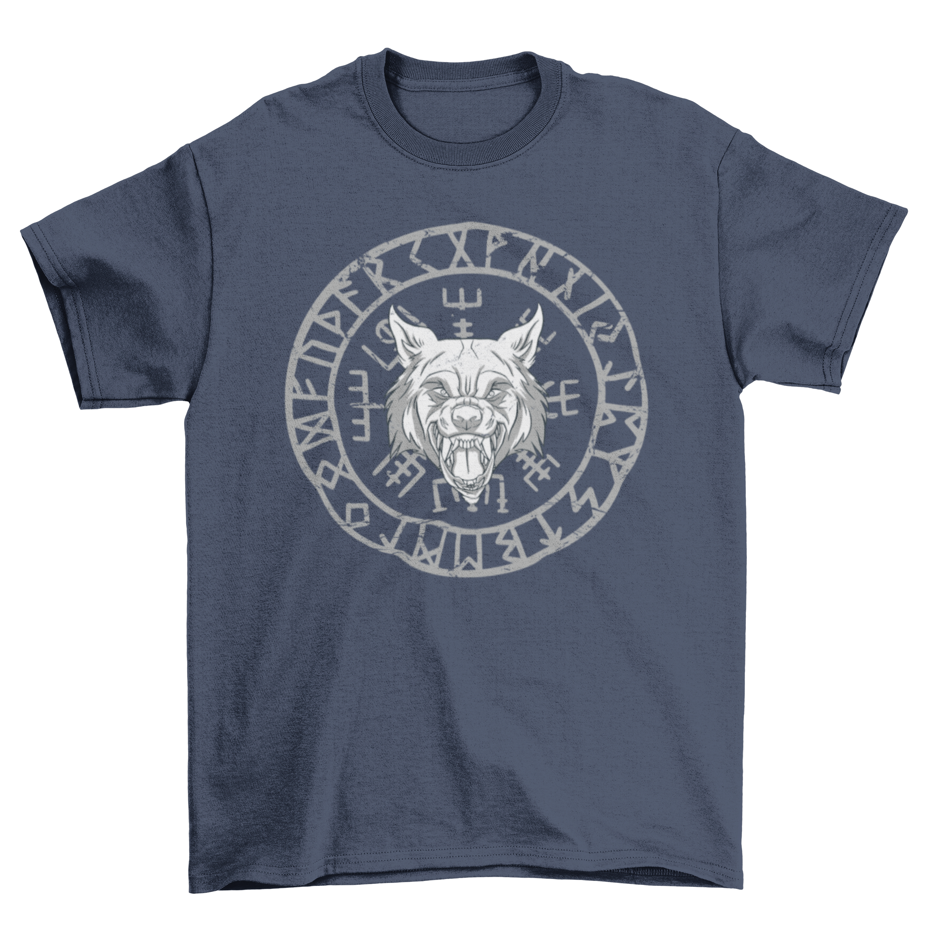 Wolfs Head Nordic Runes Circle T-Shirt featuring an angry wolf design over a rune circle.