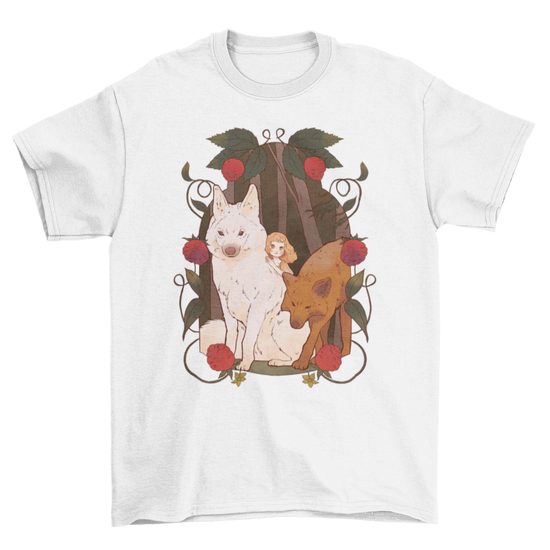 Wolves Girl Fairy Tale T-Shirt featuring a girl with giant wolves in a mystical forest design.