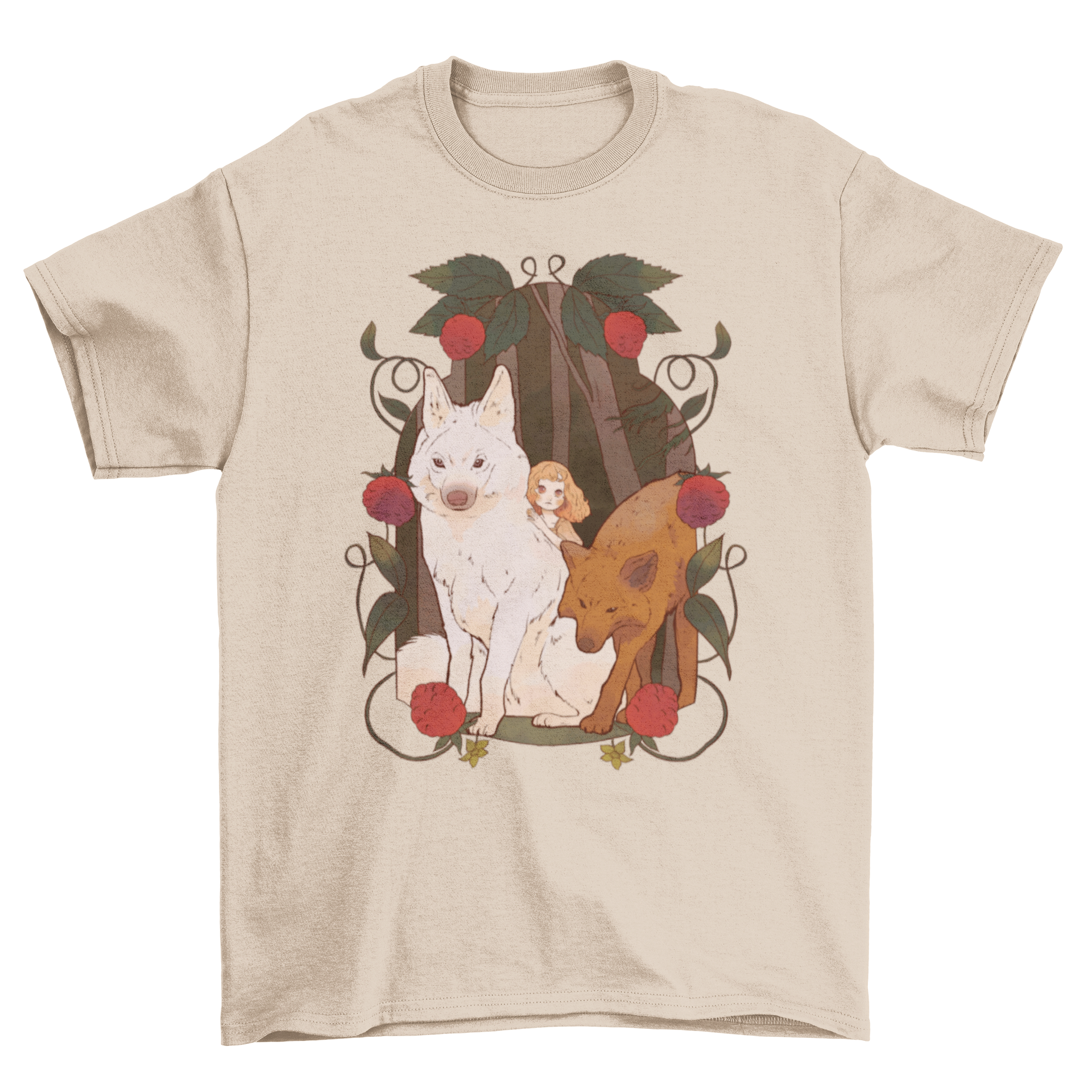 Wolves Girl Fairy Tale T-Shirt featuring a girl with giant wolves in a mystical forest design.