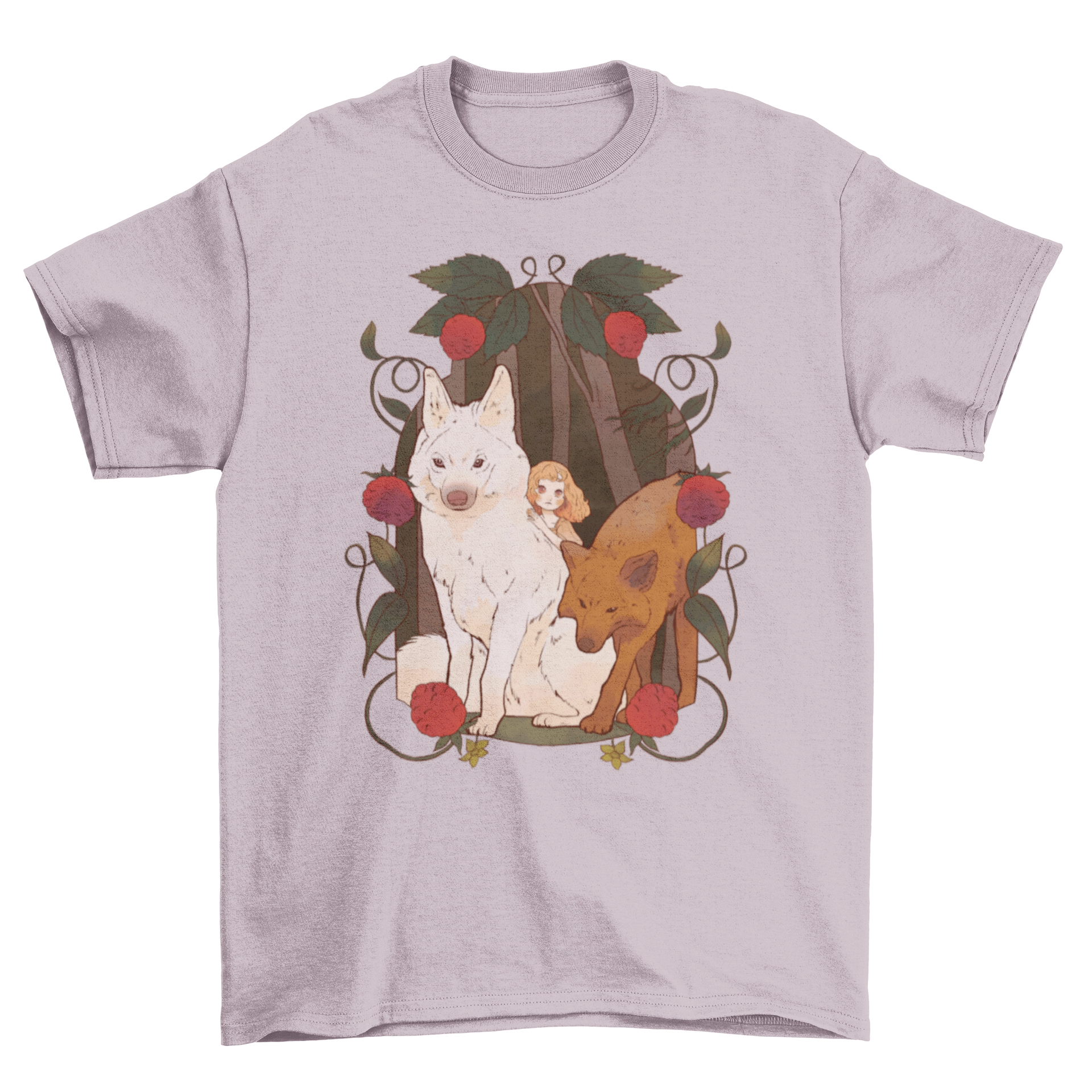 Wolves Girl Fairy Tale T-Shirt featuring a girl with giant wolves in a mystical forest design.