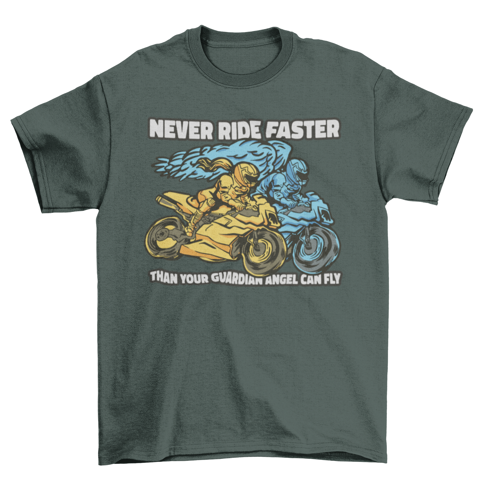 A vibrant t-shirt design featuring a woman and an angel riding a motorcycle with the quote about guardian angels.