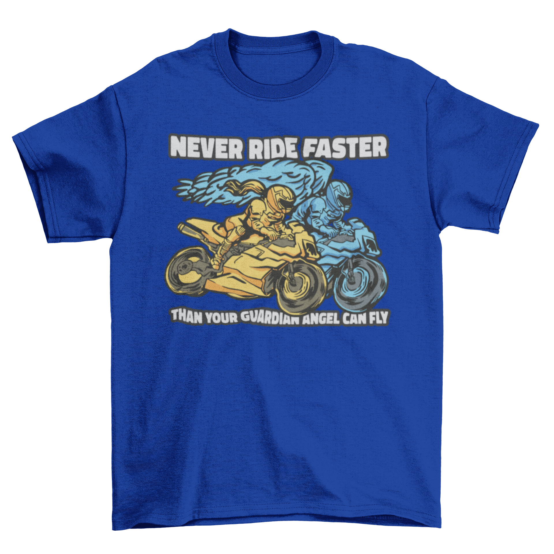 A vibrant t-shirt design featuring a woman and an angel riding a motorcycle with the quote about guardian angels.