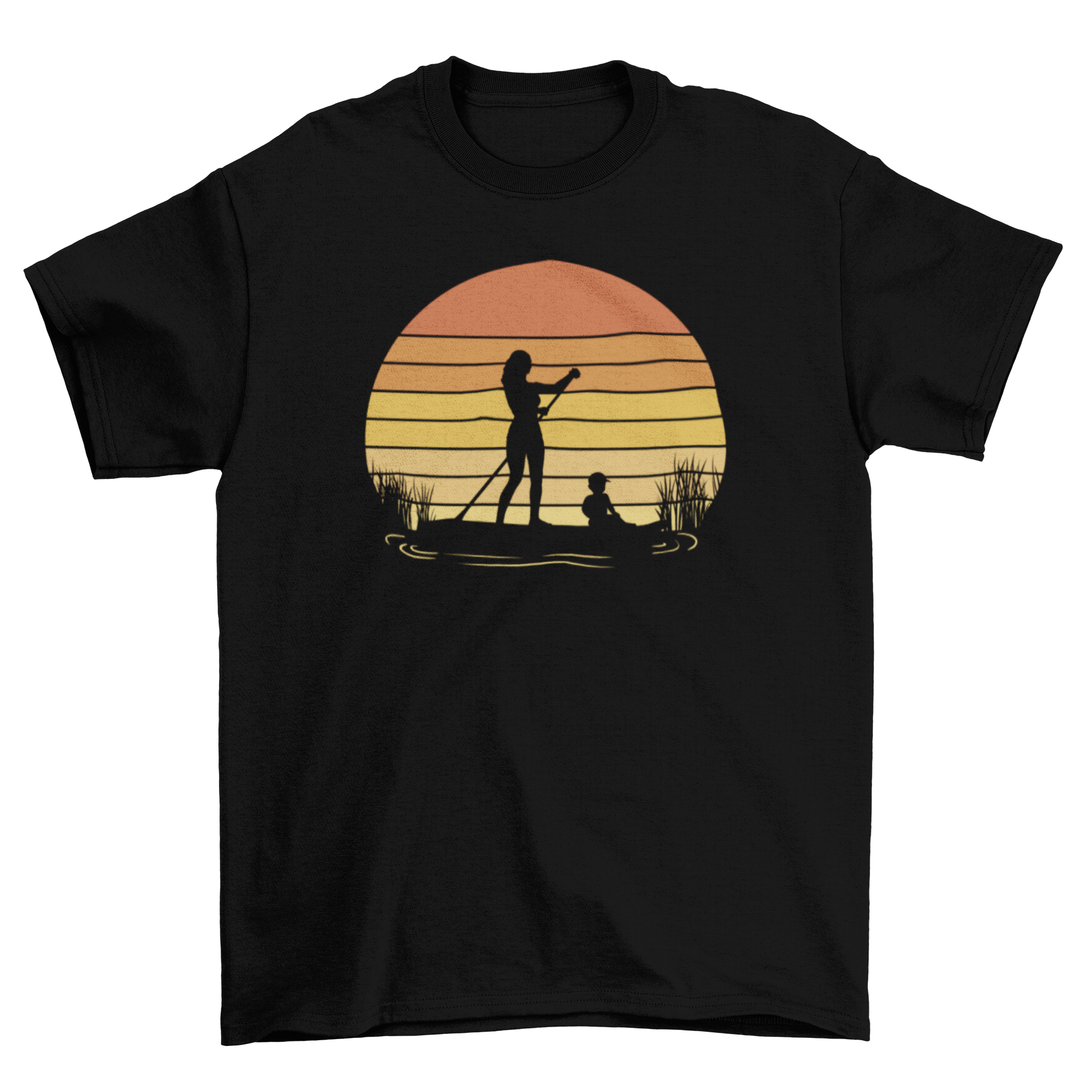 A stylish t-shirt featuring a woman and a boy paddleboarding against a retro sunset background.