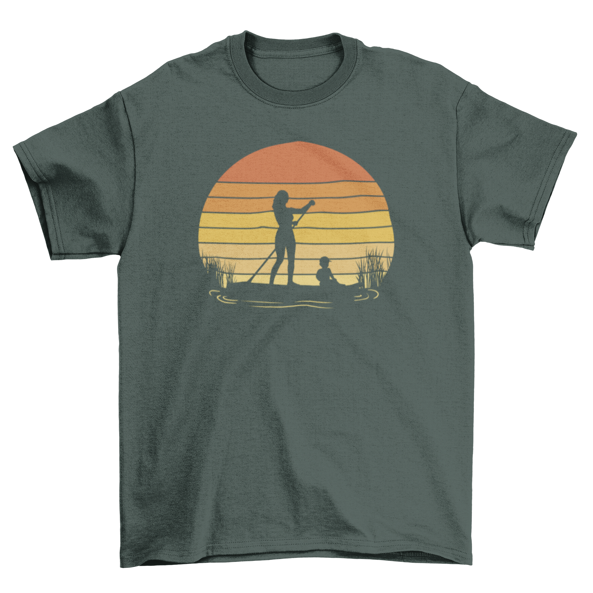 A stylish t-shirt featuring a woman and a boy paddleboarding against a retro sunset background.