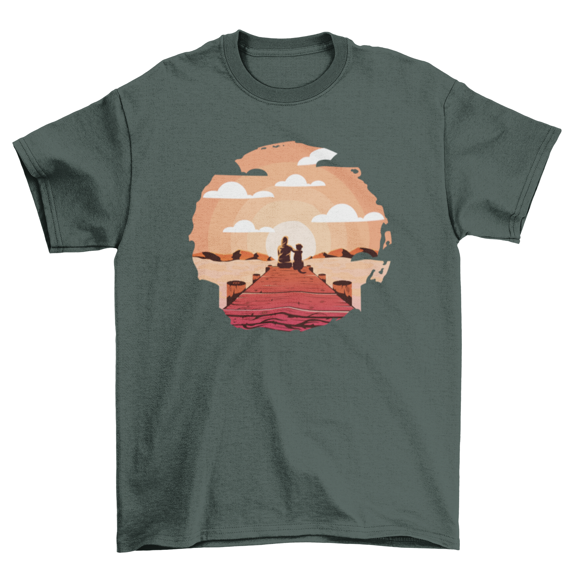 A stylish t-shirt featuring a woman and her dog sitting on a serene pier, perfect for dog lovers.