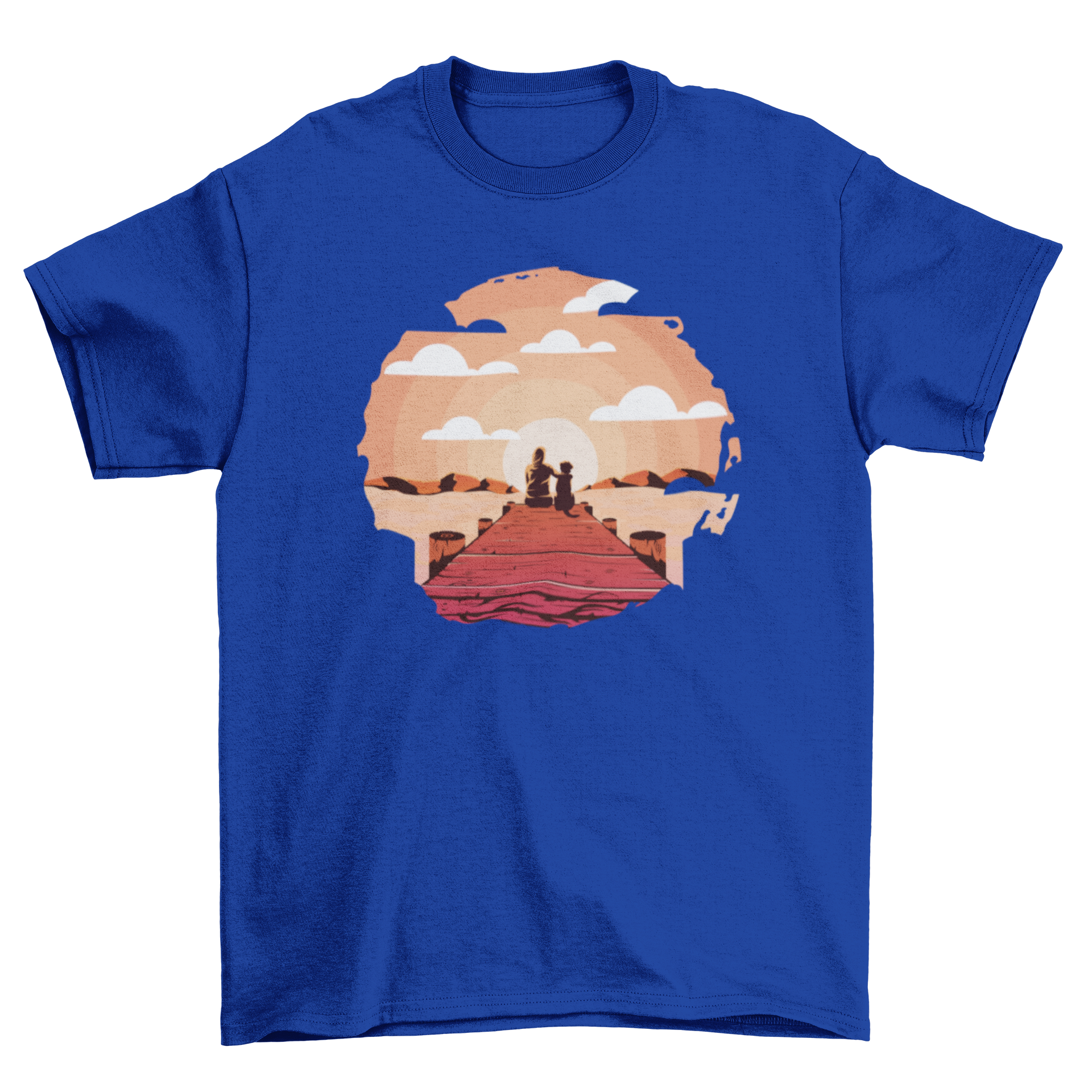 A stylish t-shirt featuring a woman and her dog sitting on a serene pier, perfect for dog lovers.