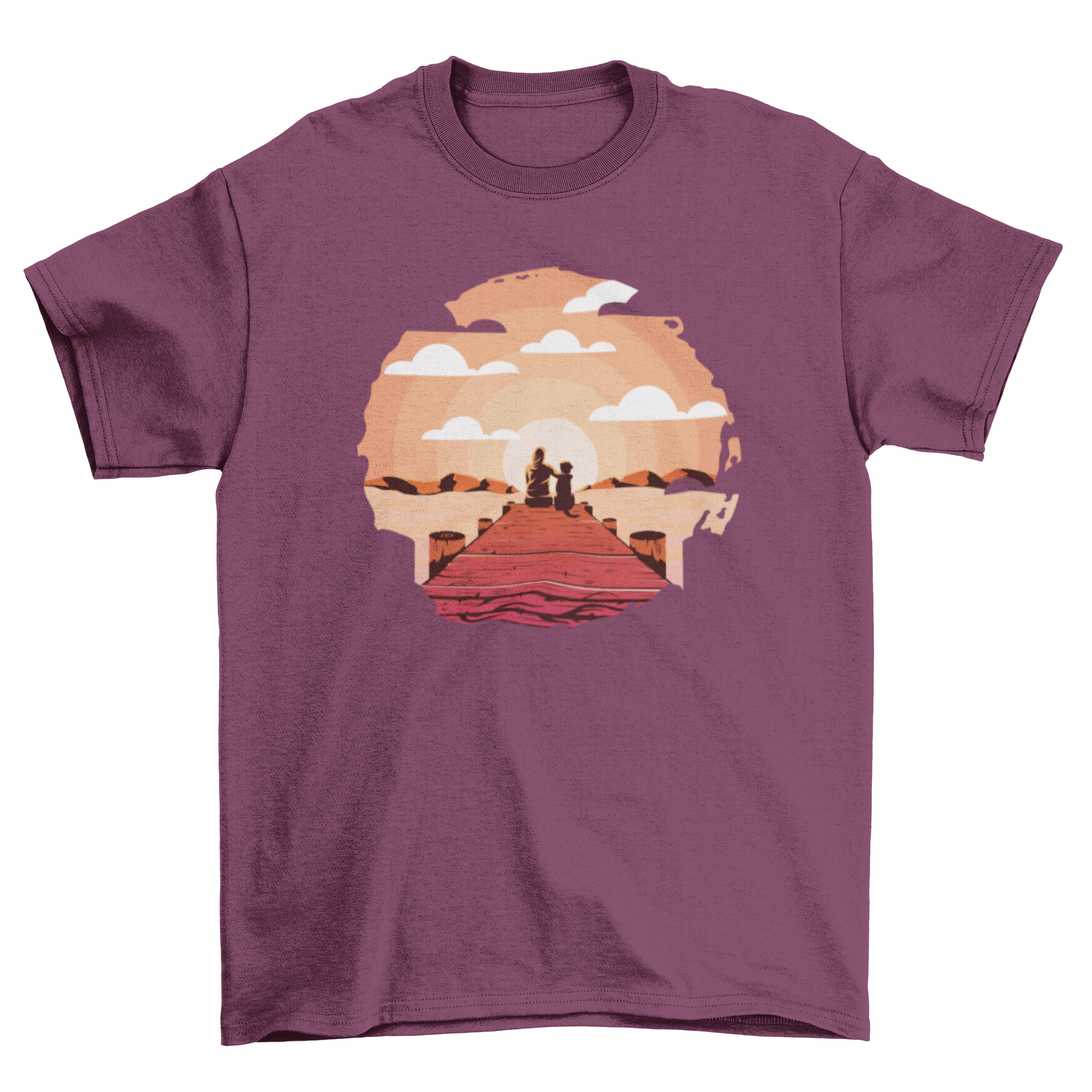 A stylish t-shirt featuring a woman and her dog sitting on a serene pier, perfect for dog lovers.