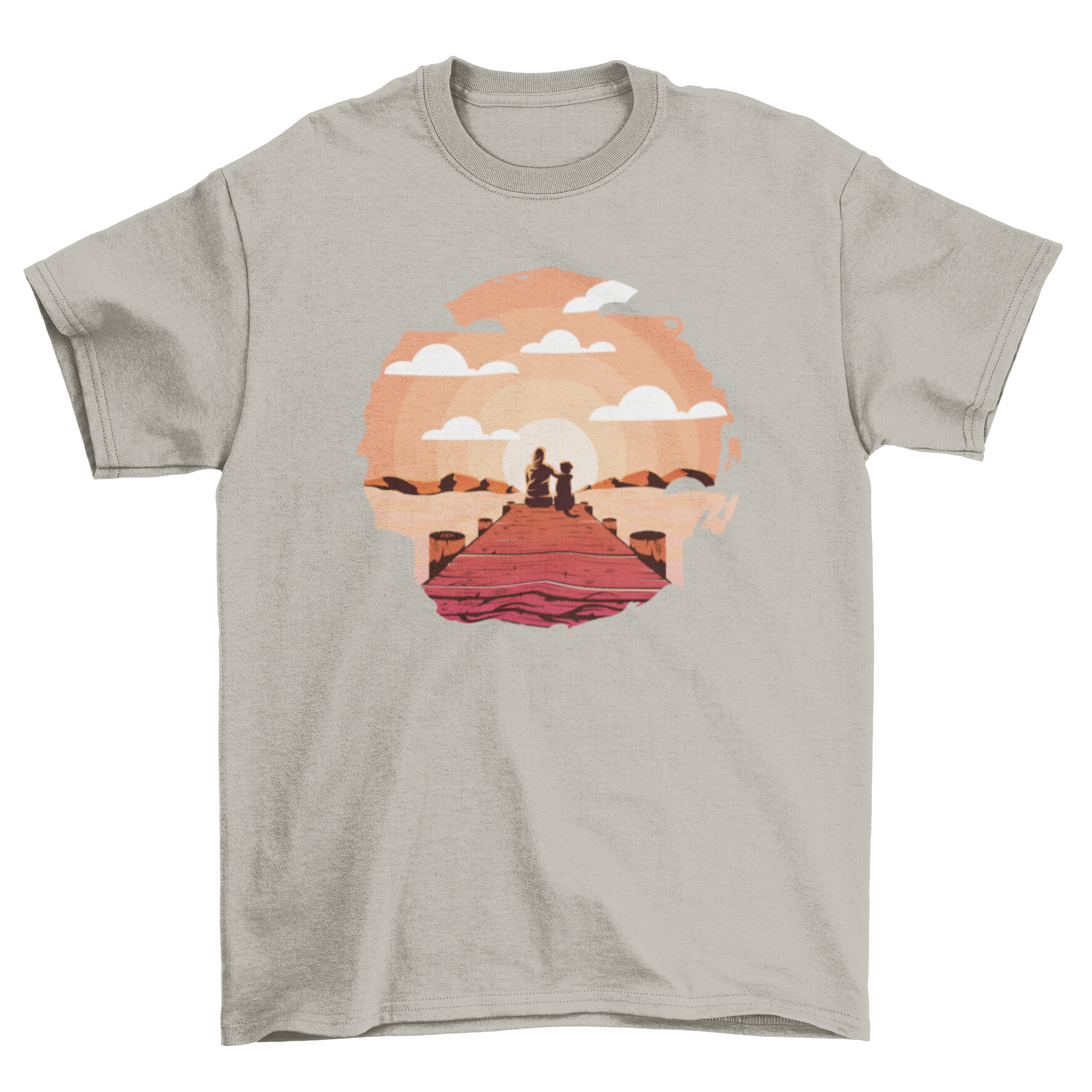 A stylish t-shirt featuring a woman and her dog sitting on a serene pier, perfect for dog lovers.