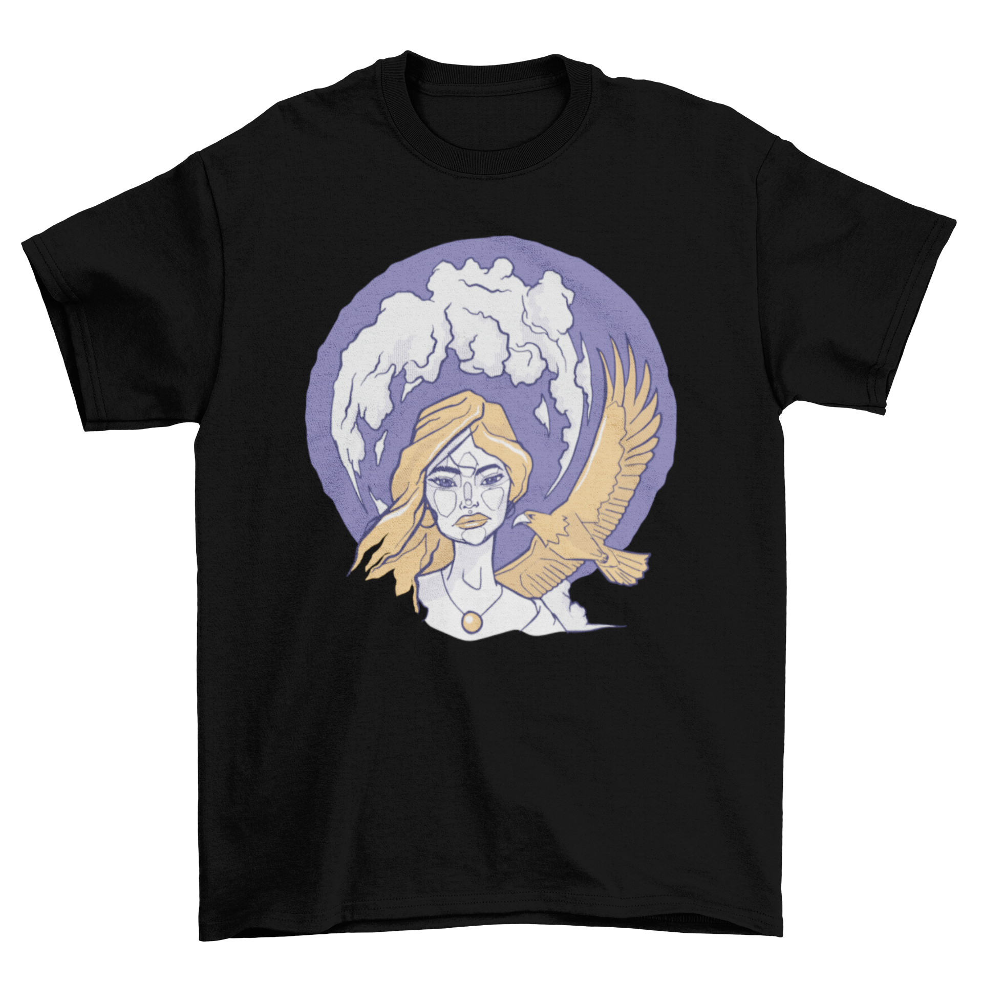 A stylish t-shirt featuring an artistic illustration of a woman with an eagle flying around her, showcasing empowerment and nature.