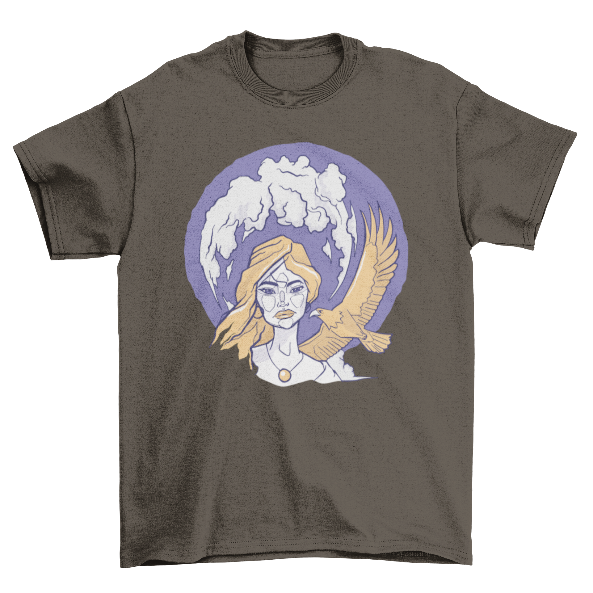 A stylish t-shirt featuring an artistic illustration of a woman with an eagle flying around her, showcasing empowerment and nature.