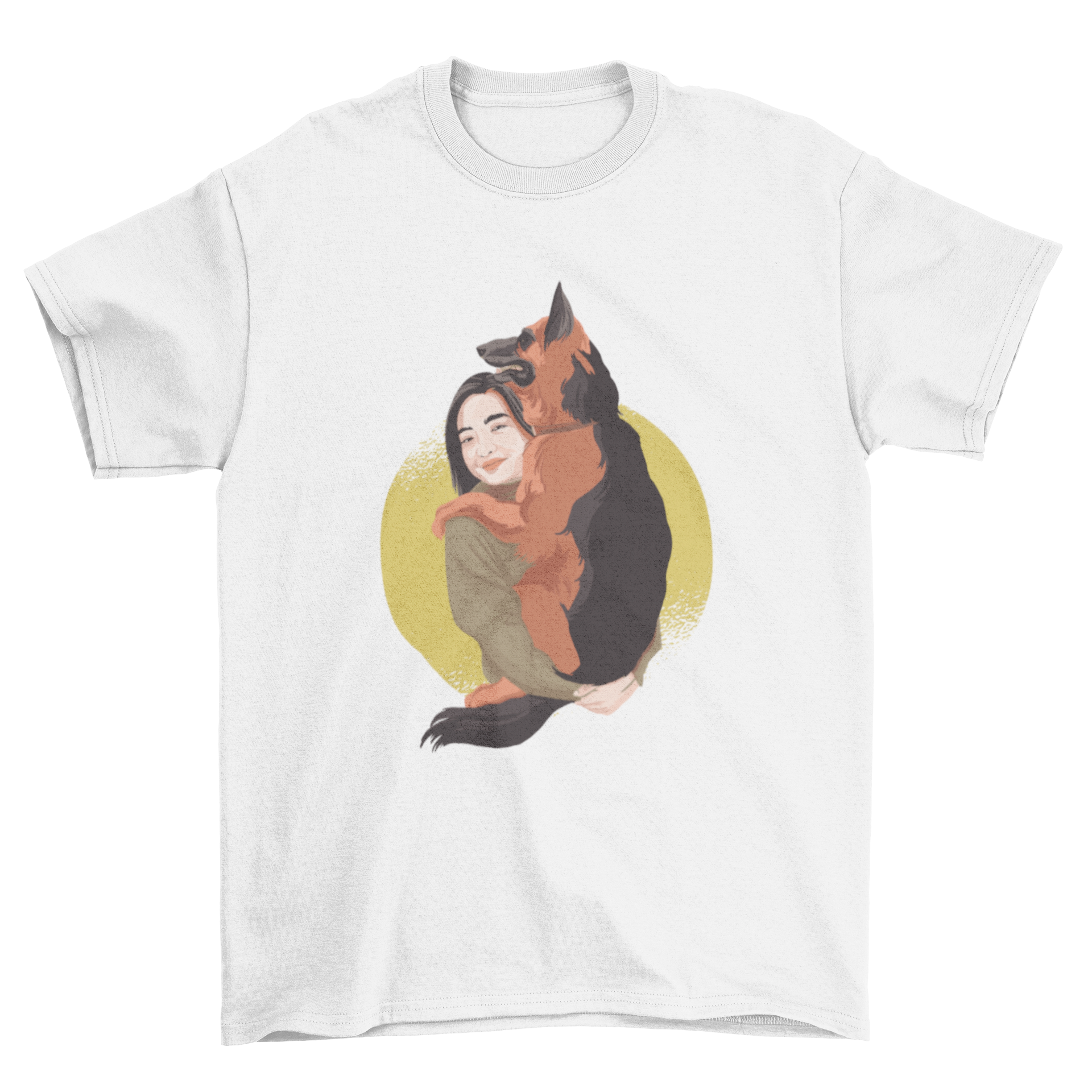 A stylish t-shirt featuring a woman holding a German Shepherd dog, showcasing a loving bond.