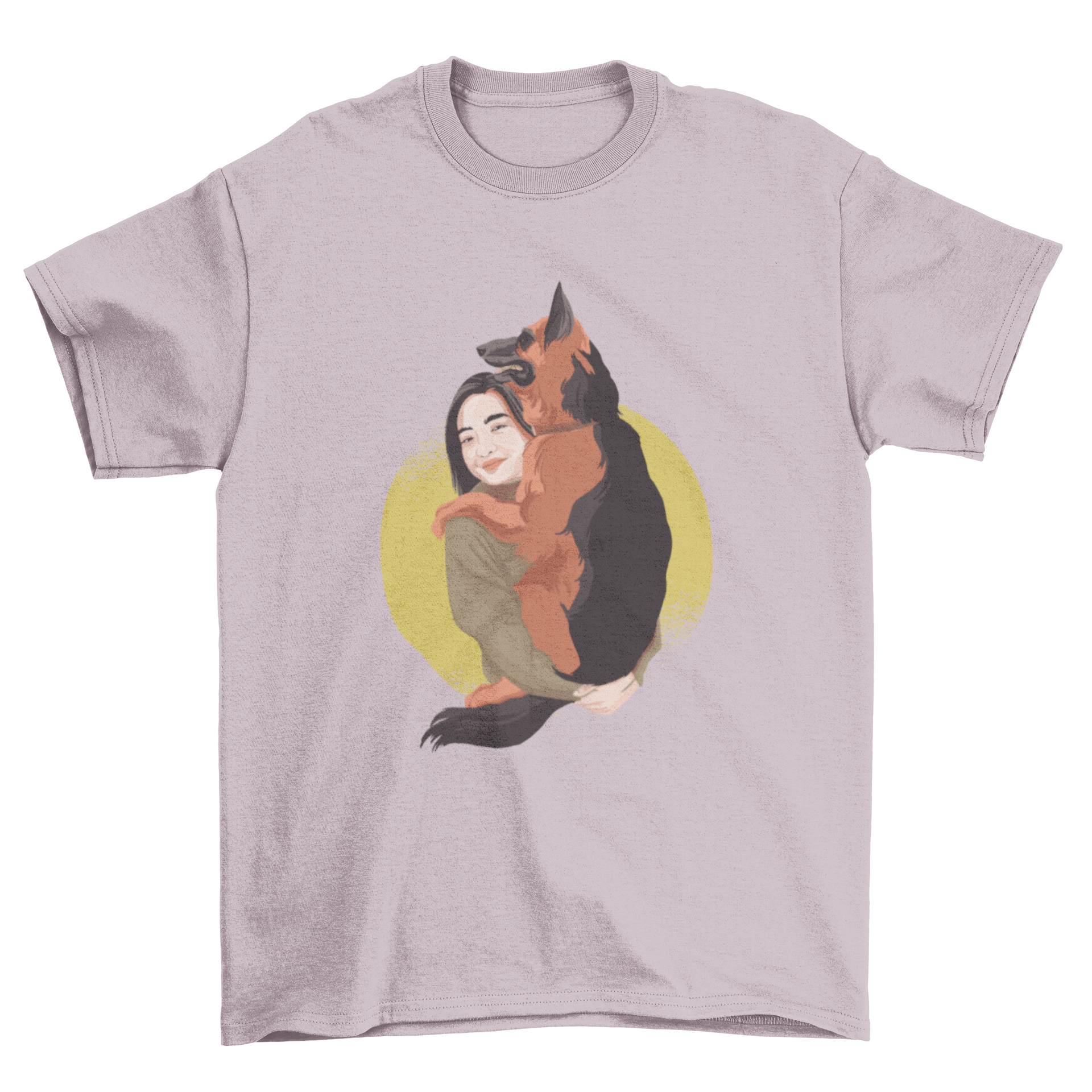 A stylish t-shirt featuring a woman holding a German Shepherd dog, showcasing a loving bond.