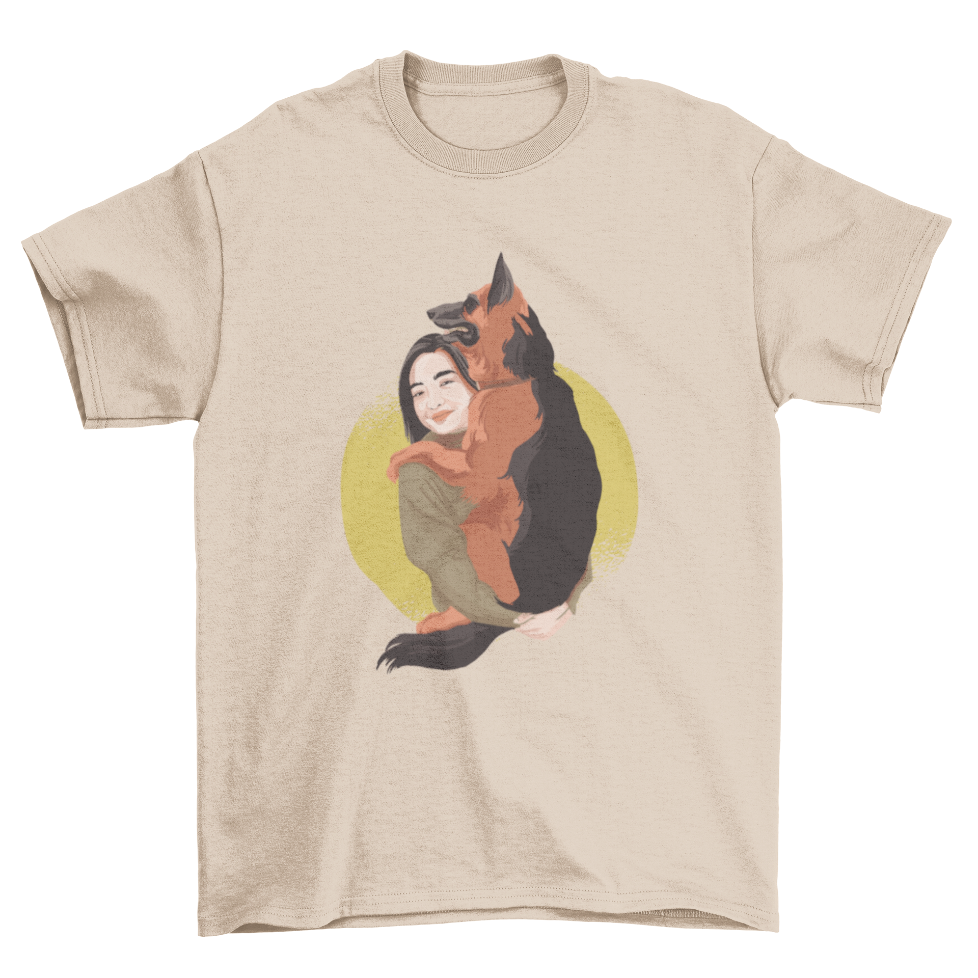 A stylish t-shirt featuring a woman holding a German Shepherd dog, showcasing a loving bond.