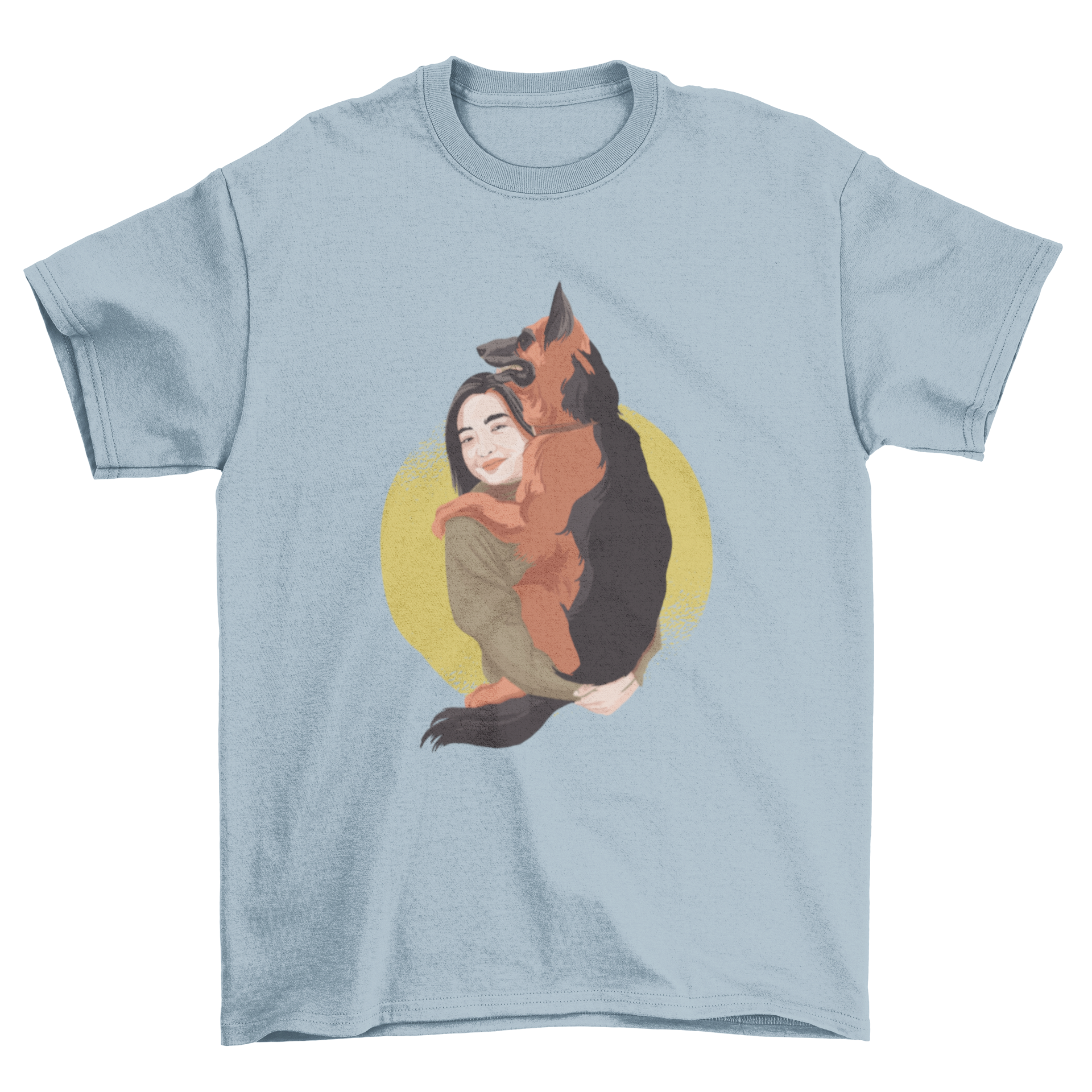 A stylish t-shirt featuring a woman holding a German Shepherd dog, showcasing a loving bond.