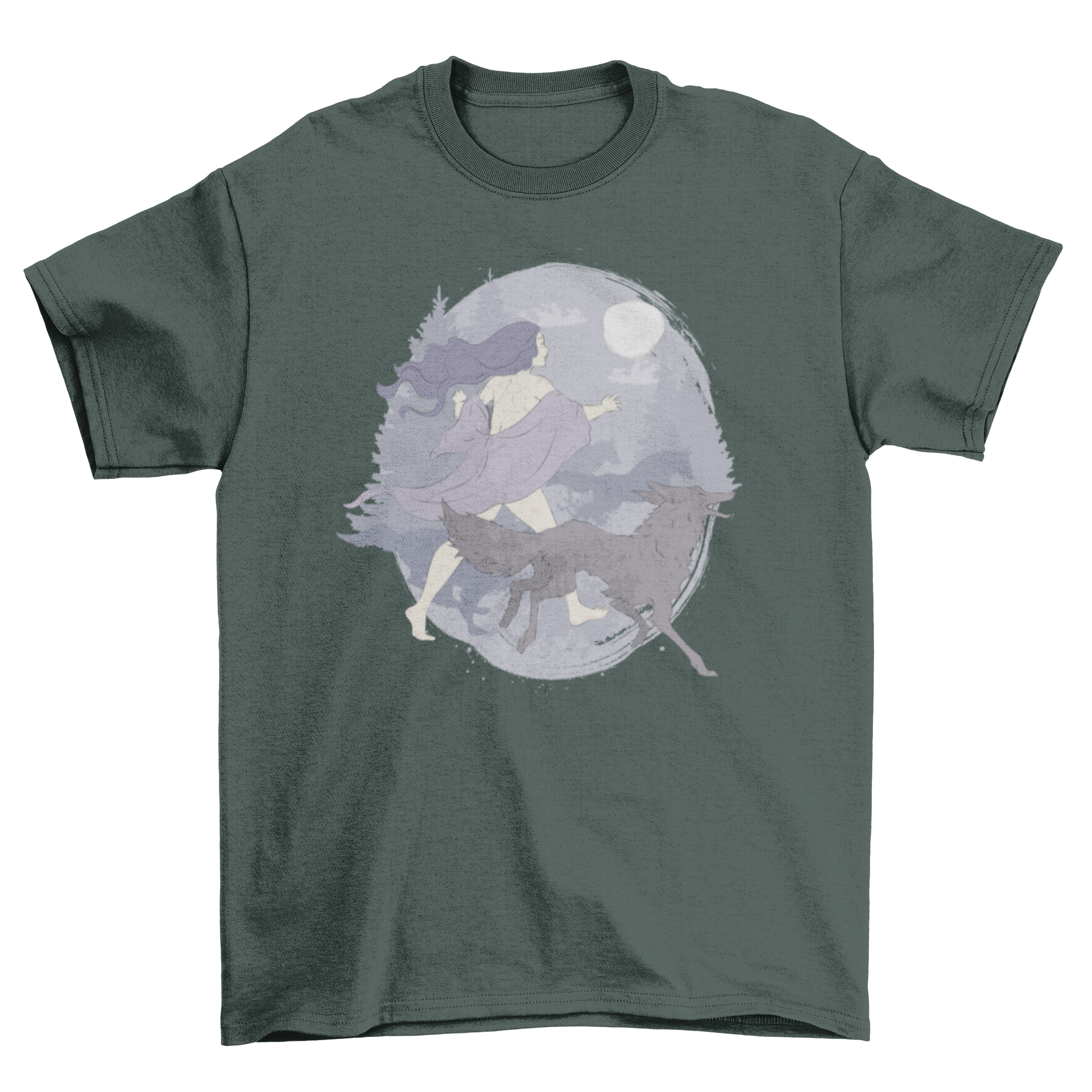 A stylish t-shirt featuring a woman running with a wolf in a vibrant forest setting, showcasing a nature-inspired design.