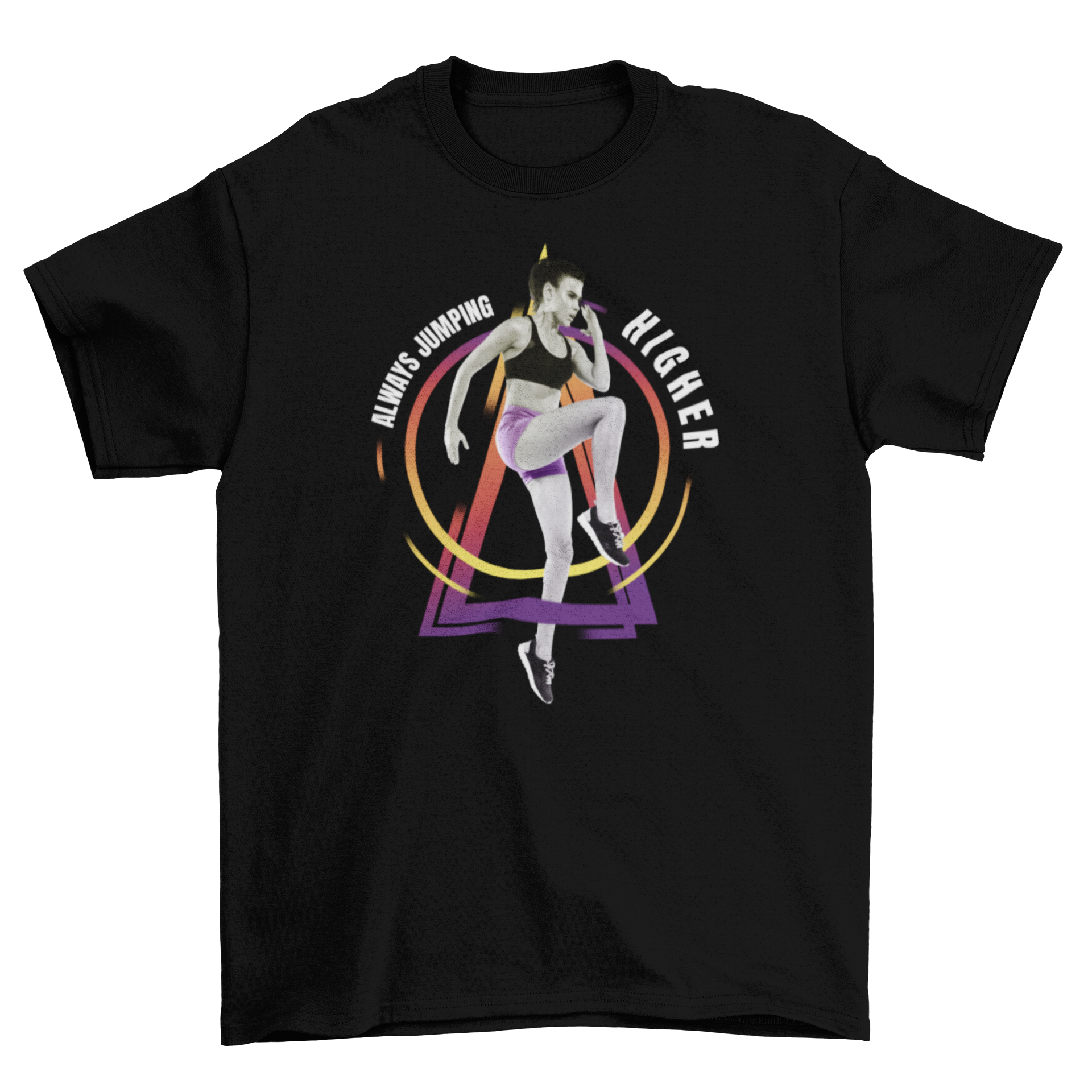 Woman athlete fitness sport t-shirt featuring a graphic of a woman exercising with the quote 'Always jumping higher'.